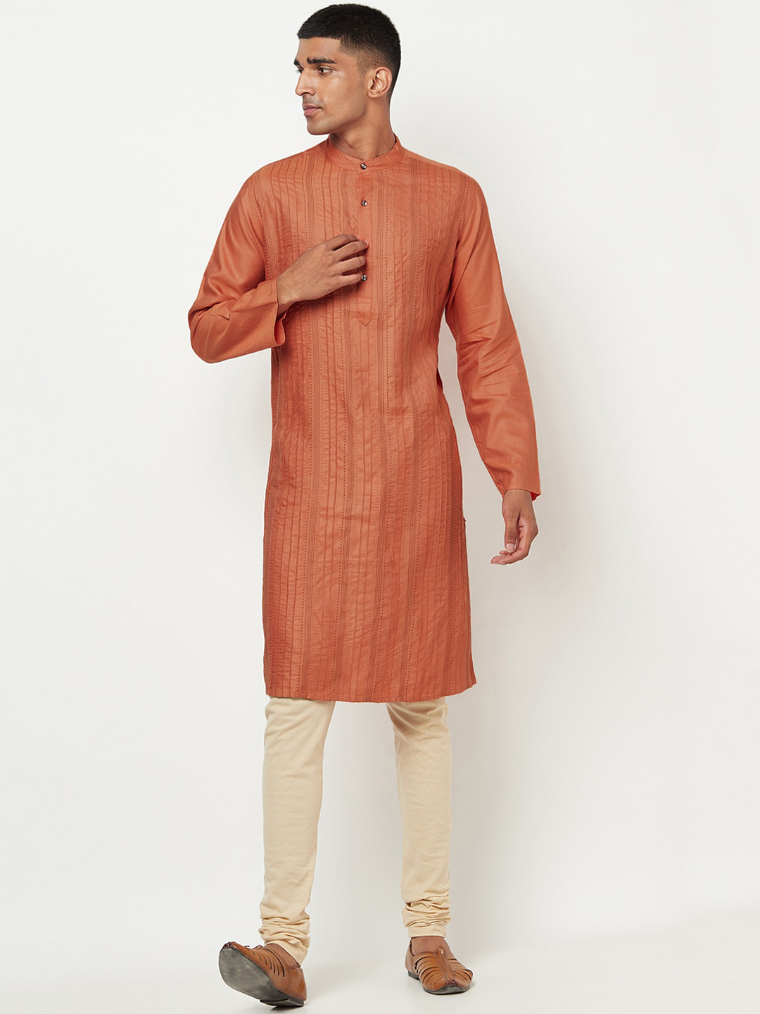 

Fabindia Men Orange Striped Cold-Shoulder Sleeves Mirror Work Kurta
