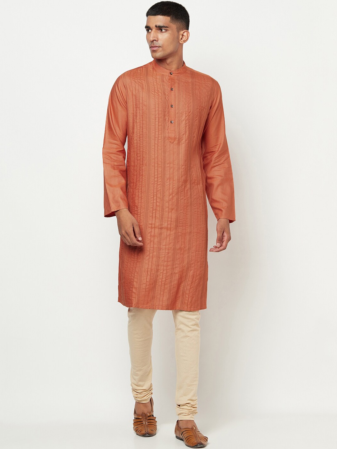 

Fabindia Men Orange Striped Thread Work Kurta