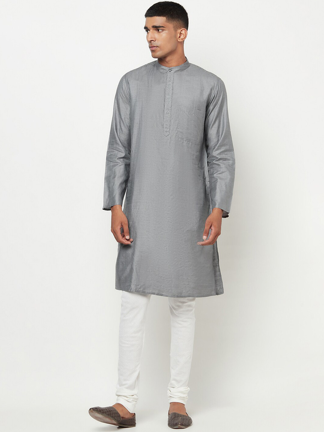 

Fabindia Men Grey & silver Striped Chikankari Kurta