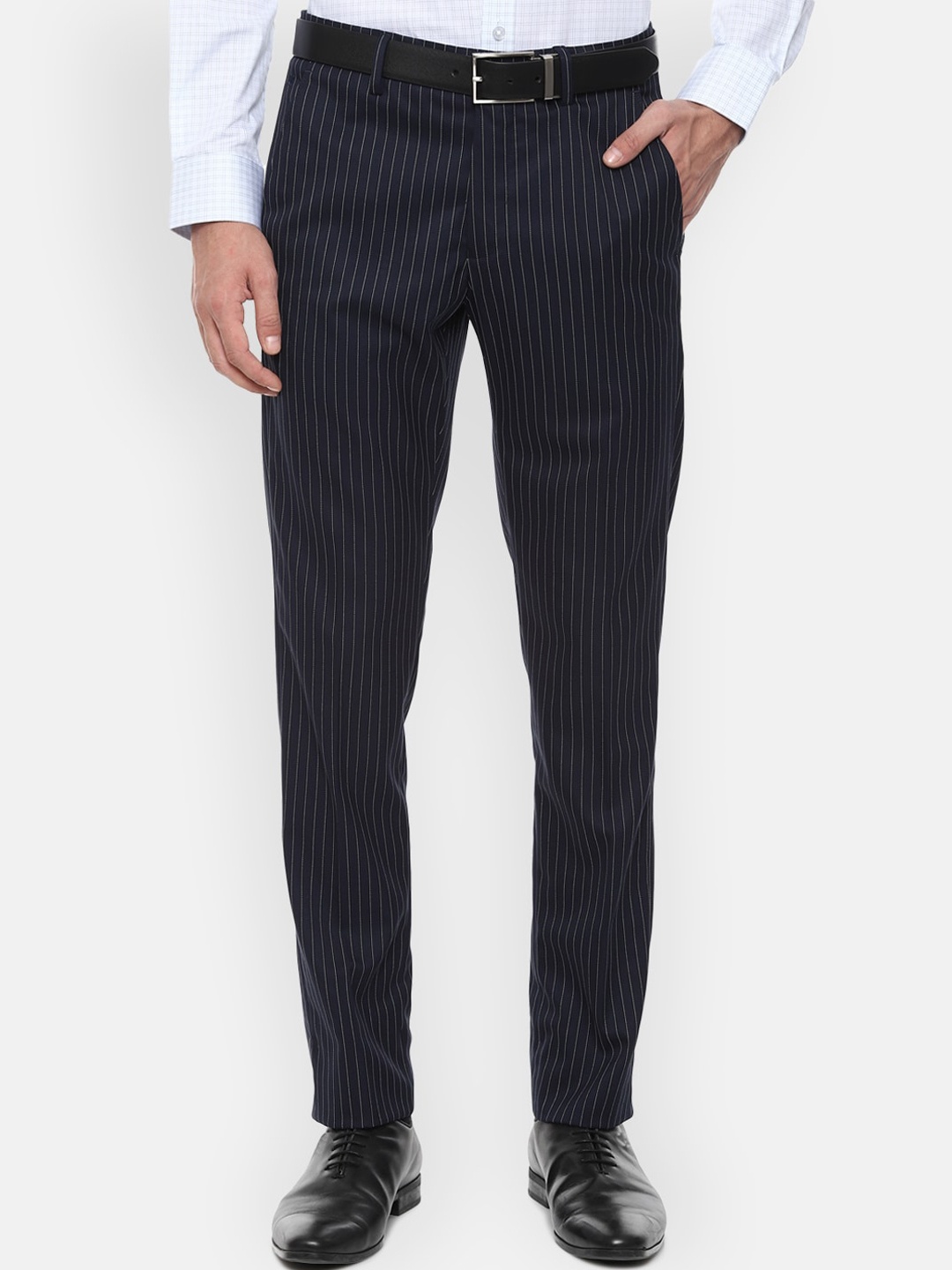 

Louis Philippe Men Navy Blue Striped Slim Fit Formal Trousers