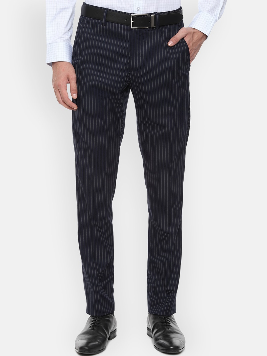 

Louis Philippe Men Navy Blue Striped Slim Fit Formal Trousers