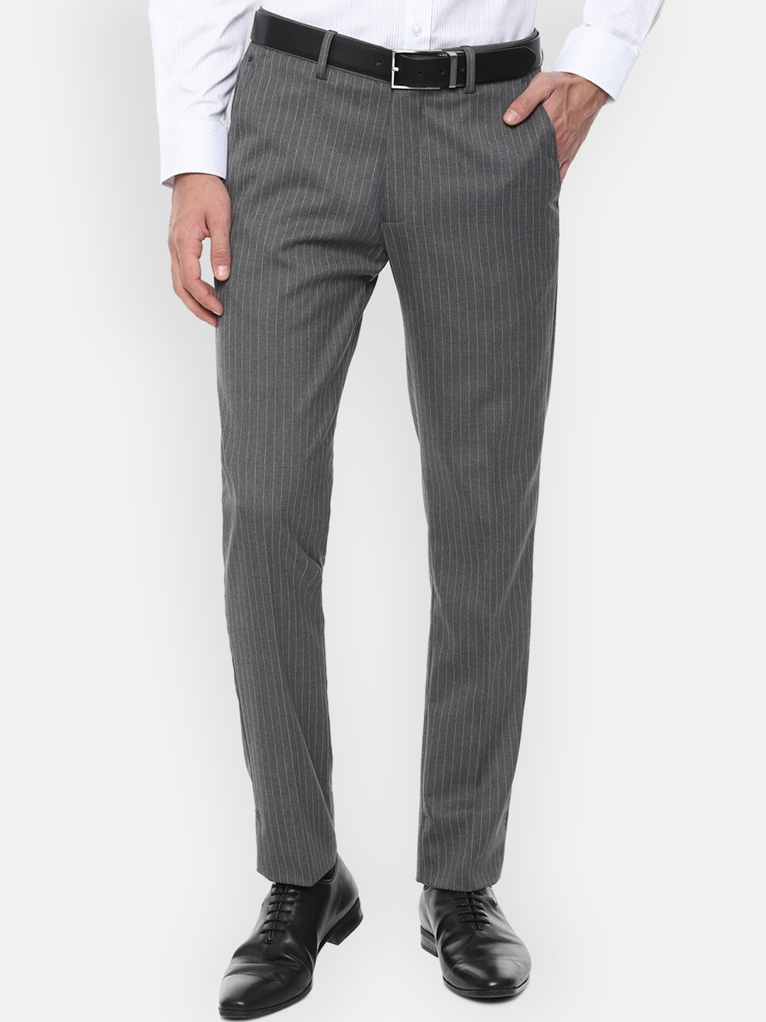 

Louis Philippe Men Grey Striped Slim Fit Formal Trousers