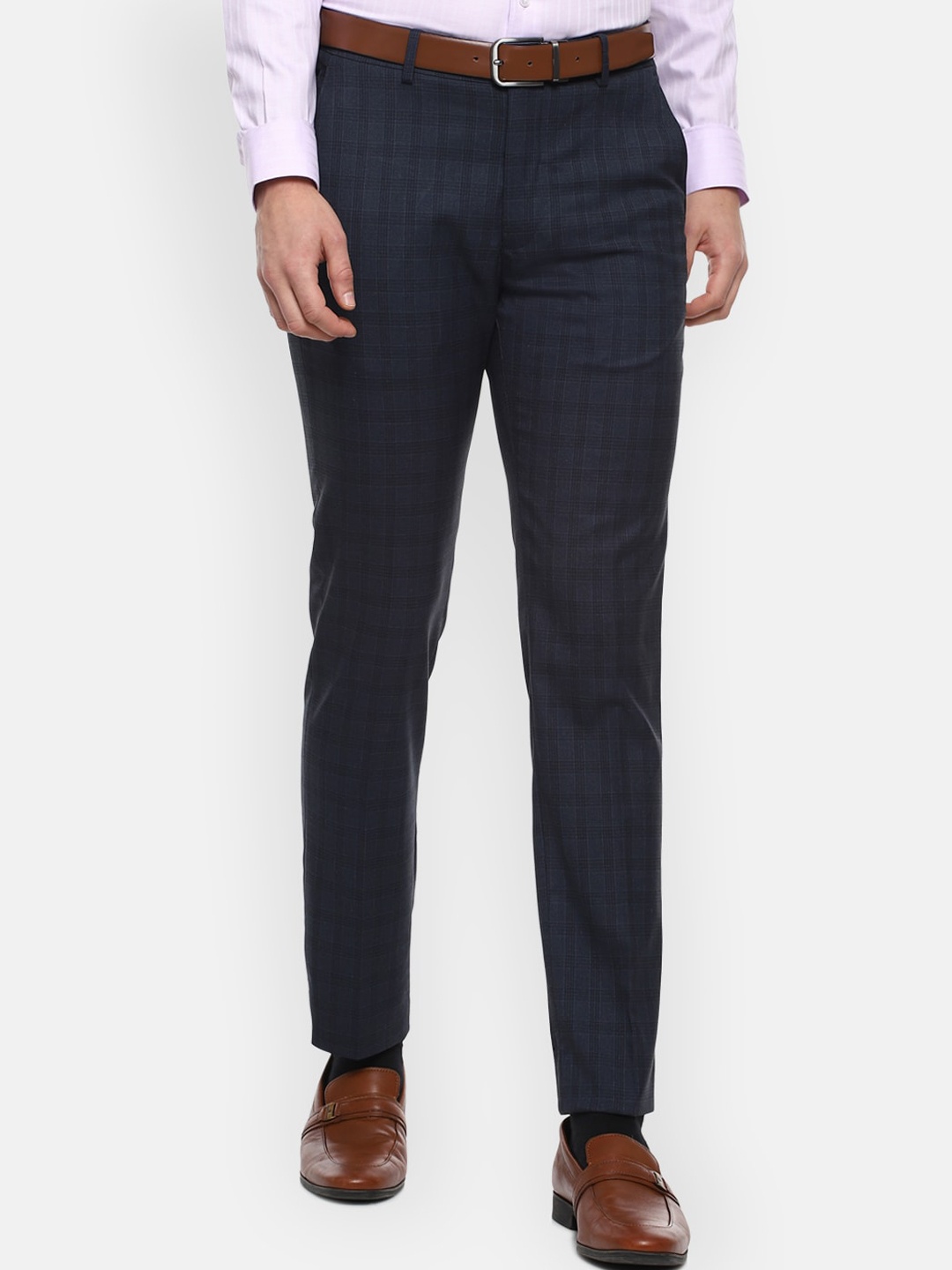 

Louis Philippe Men Navy Blue Checked Slim Fit Formal Trousers