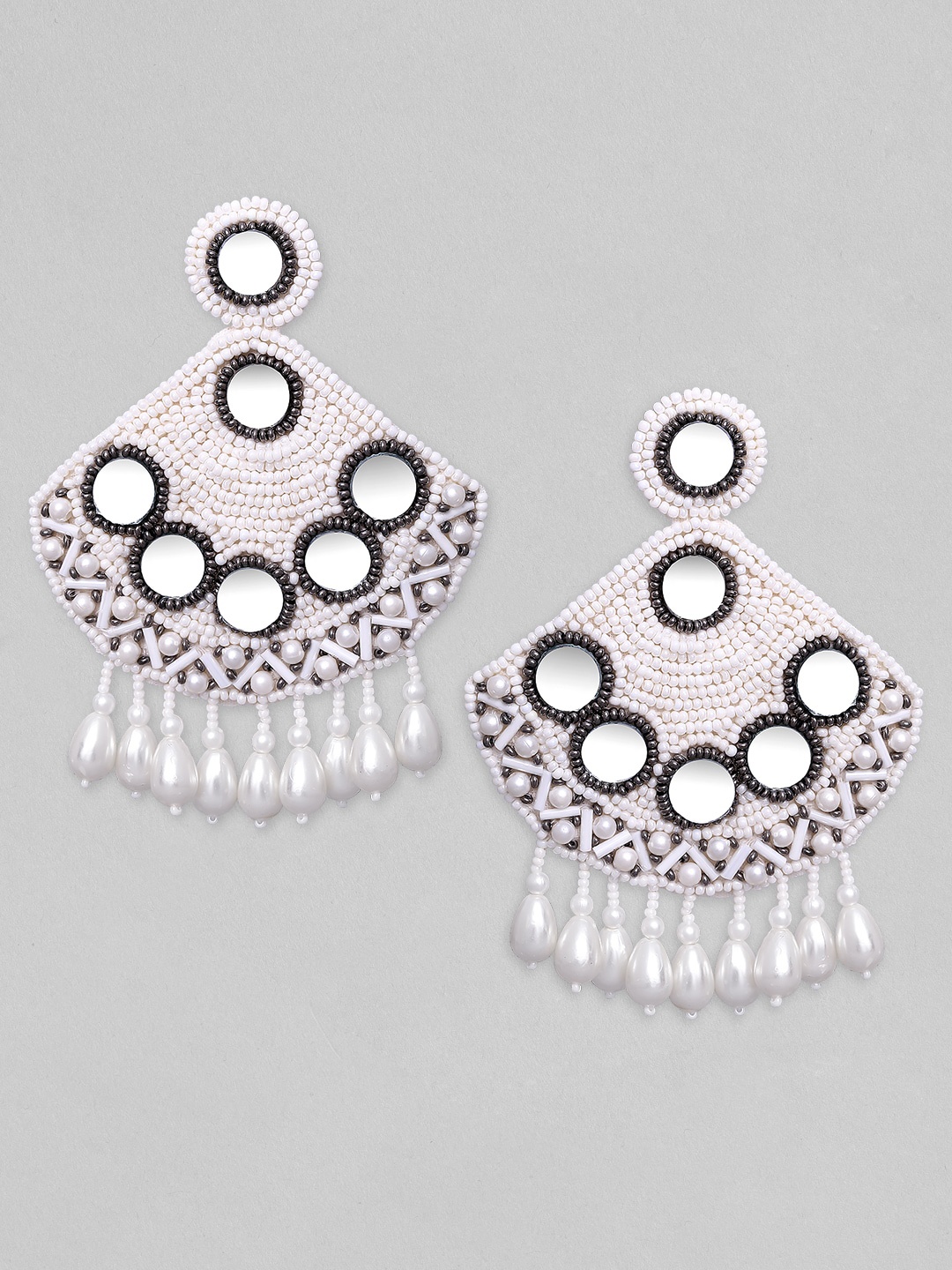 

Rubans White & Black Crescent Shaped Embroidered Drop Earrings