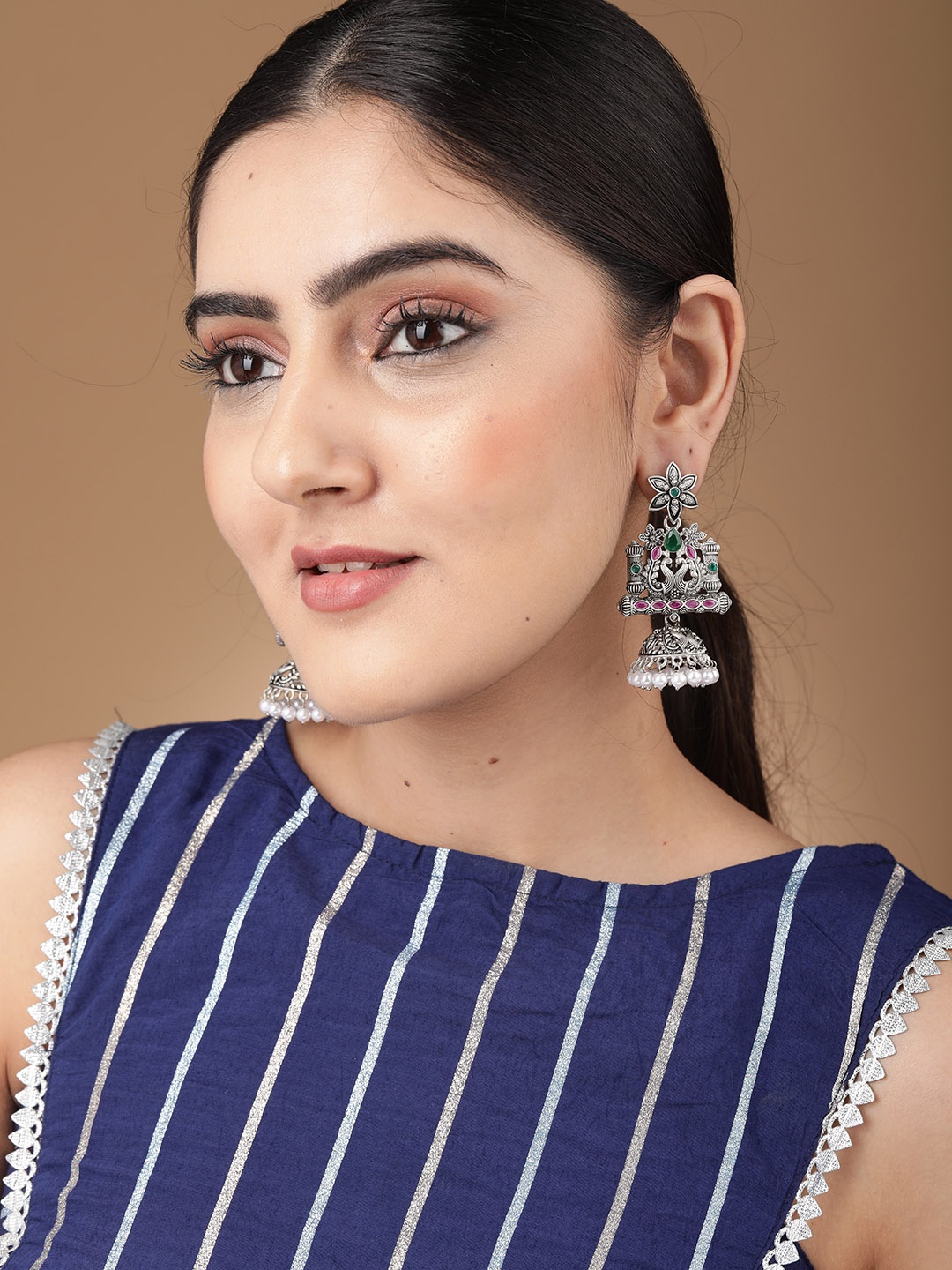 

Rubans Silver-Toned & Pink Dome Shaped Jhumkas Earrings