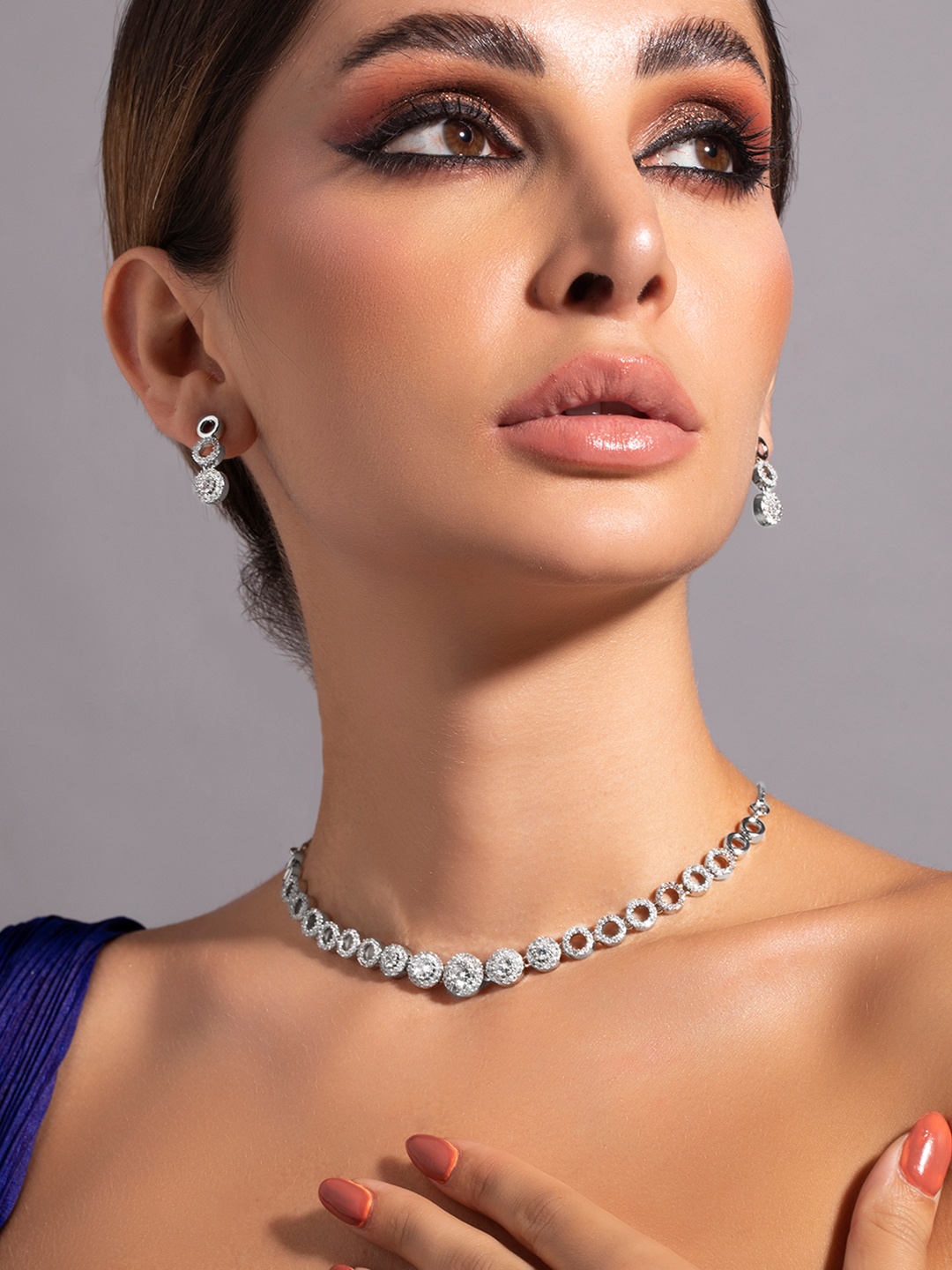 

Rubans Rodium-Plated Cubic Zirconia-Studded Minimal Statement Jewellery Set, Silver