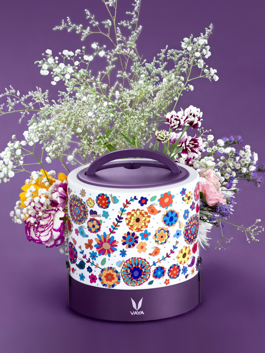 

Vaya Purple & White Printed Stainless Steel Lunch Box - 1000ML