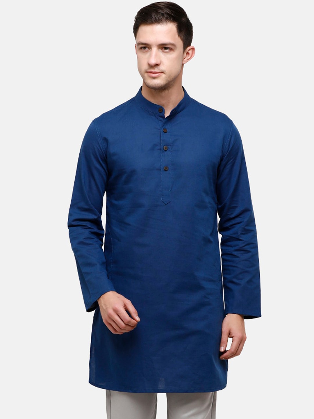 

CAVALLO by Linen Club Men Blue Solid Linen Cotton Short Kurta