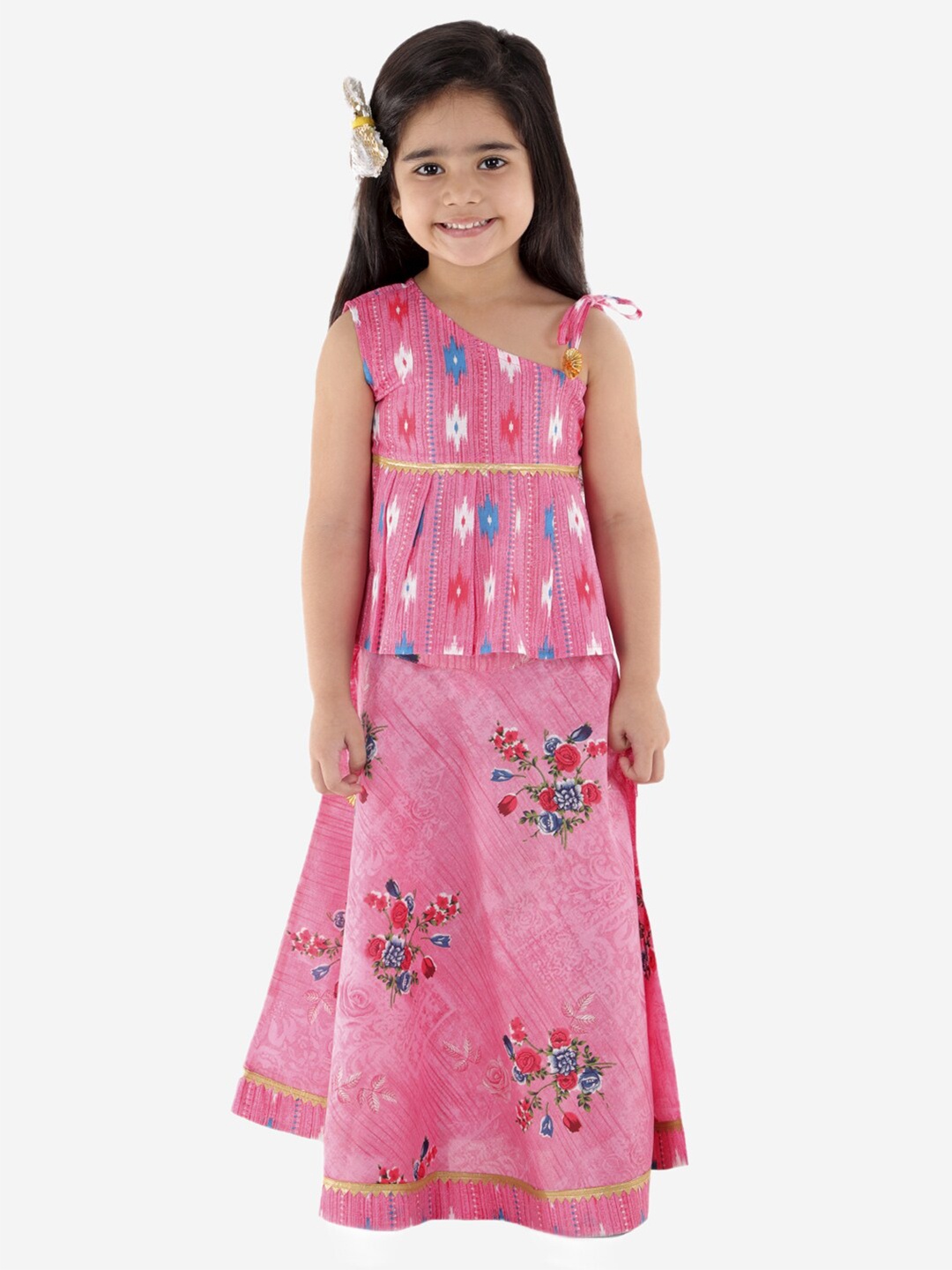 

Superminis Girls Pink & White Printed Ikat Ready to Wear Lehenga & Choli