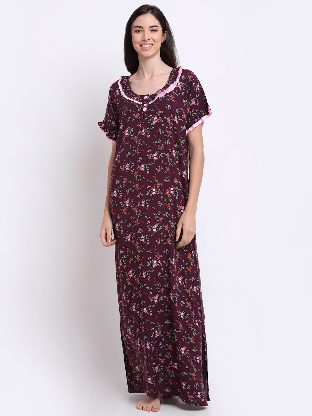 

Claura Women Maroon Printed Maxi Nightdress