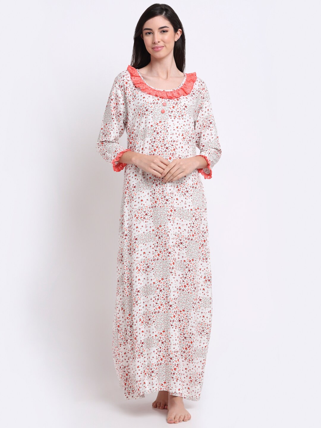 

Claura Women White Printed Maxi Nightdress