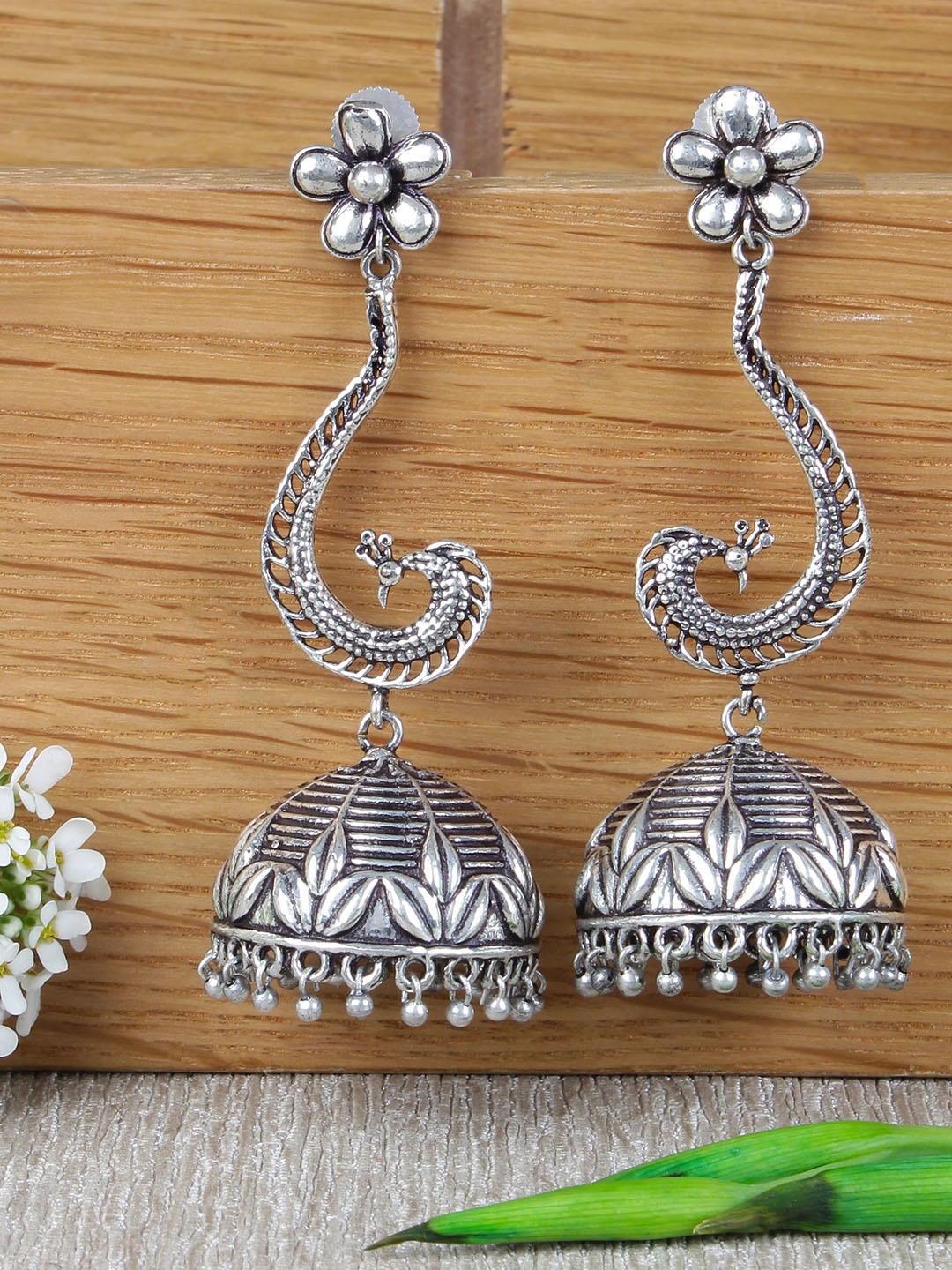 

FIROZA Silver-Toned Peacock Shaped Jhumkas Earrings
