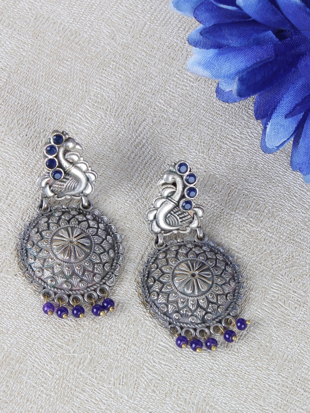 

FIROZA Silver-Toned & Blue Oxidized Peacock Shaped Drop Earrings