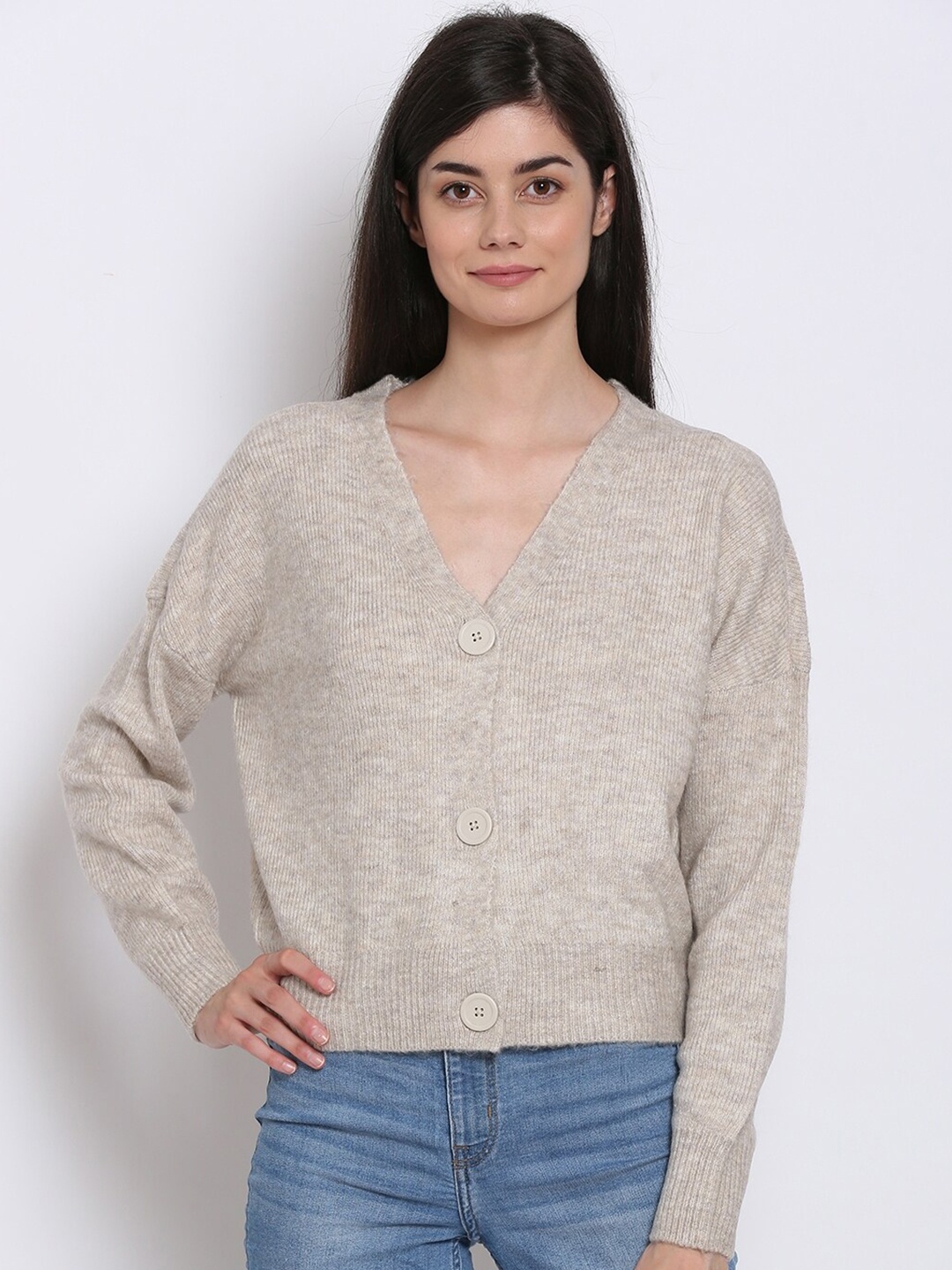 

NoBarr Women Beige Ribbed Acrylic Cardigan Sweater