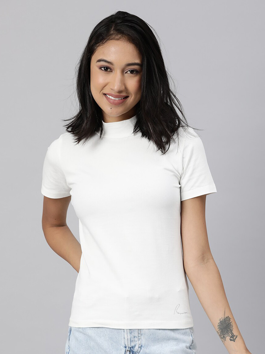 

RAREISM Women Off White Solid High Neck Slim Fit T-shirt