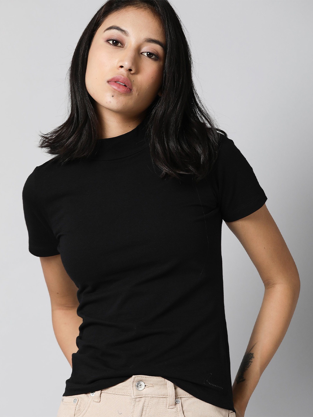 

RAREISM Women Black Solid High Neck Slim Fit T-shirt