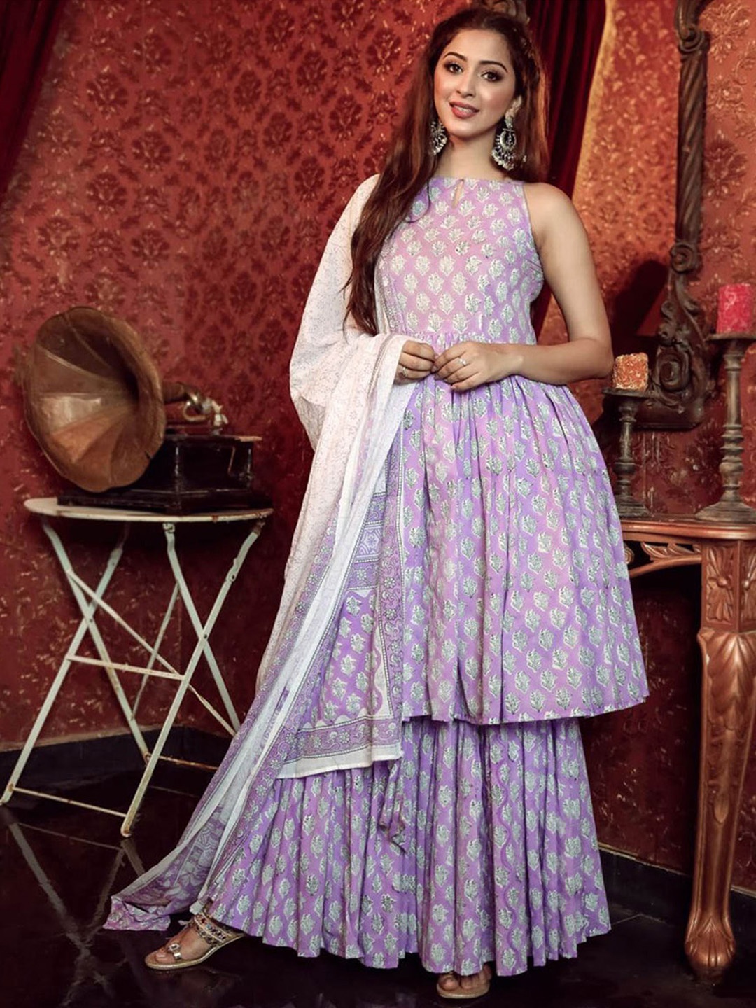 

Lavanya The Label Women Purple Striped Empire Pure Cotton Kurti with Sharara & With Dupatta