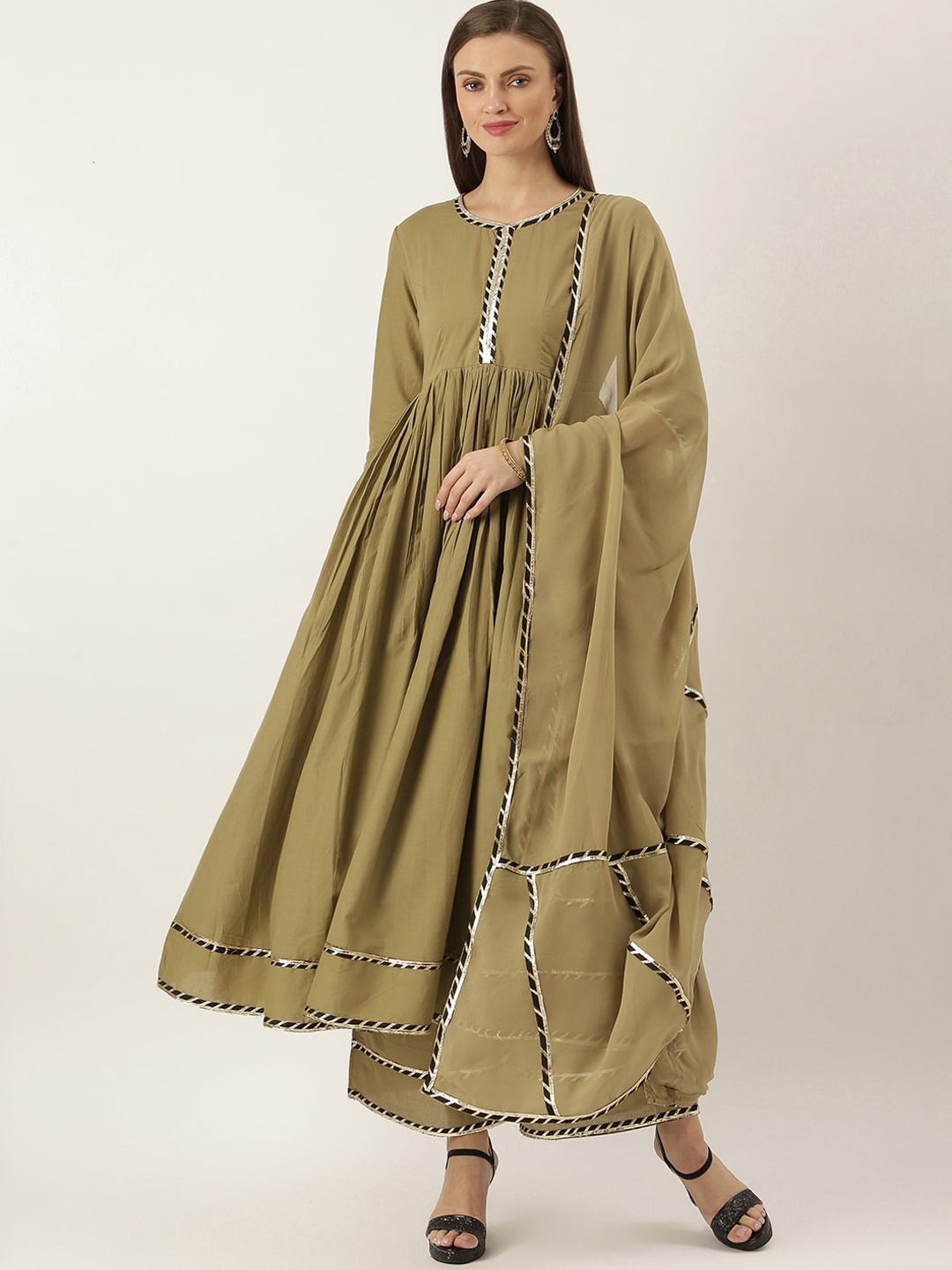 

Lavanya The Label Women Khaki Yoke Design Pure Cotton Kurti with Palazzos & With Dupatta