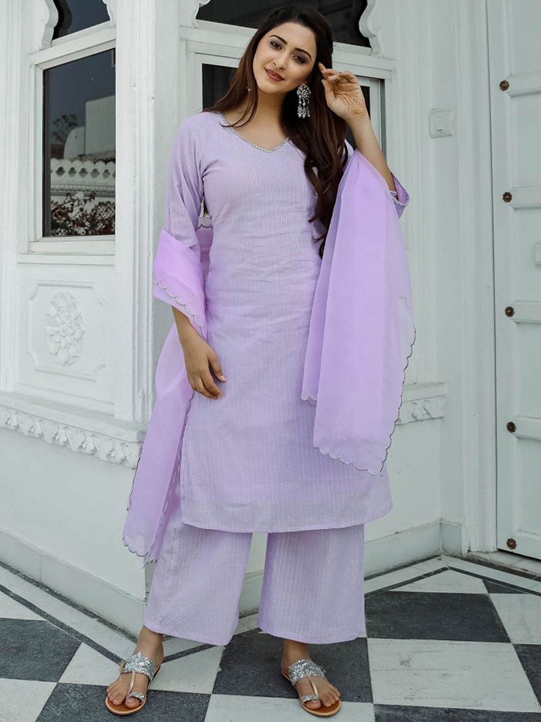 

Lavanya The Label Women Lavender Regular Pure Cotton Kurta with Palazzos & With Dupatta