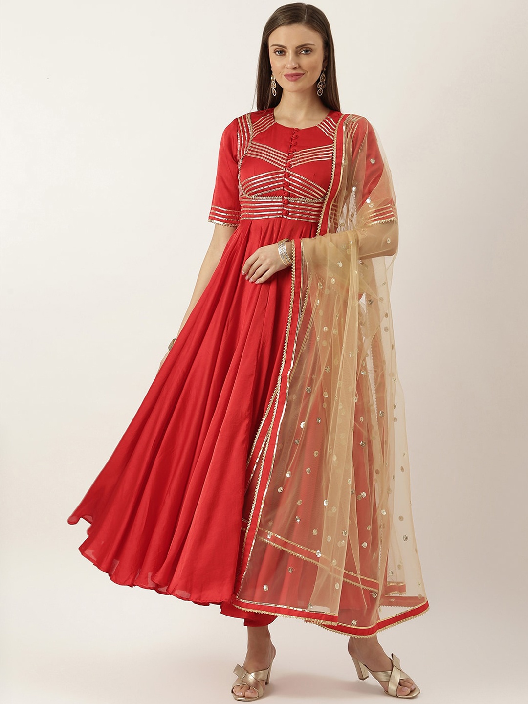 

Lavanya The Label Women Red Ethnic Motifs Yoke Design Pleated Gotta Patti Pure Silk Kurti with Trousers &