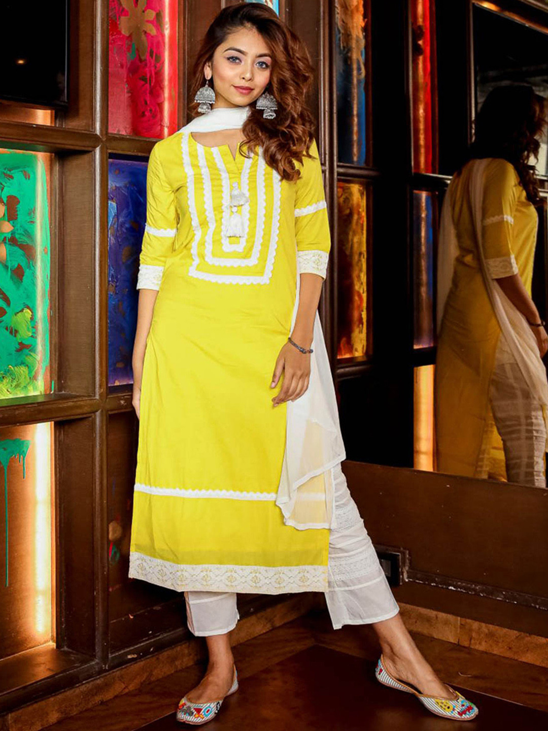 

Lavanya The Label Women Yellow Embroidered Regular Pure Cotton Kurta with Trousers & With Dupatta