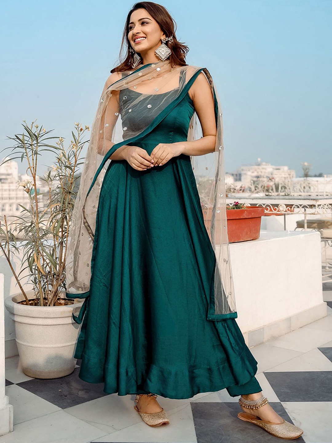 

Lavanya The Label Women Green Layered Pure Silk Kurti with Trousers & With Dupatta