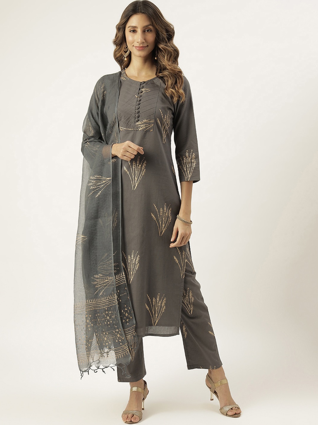 

Lavanya The Label Floral Printed Straight Pure Cotton Kurta With Trousers & Dupatta, Grey