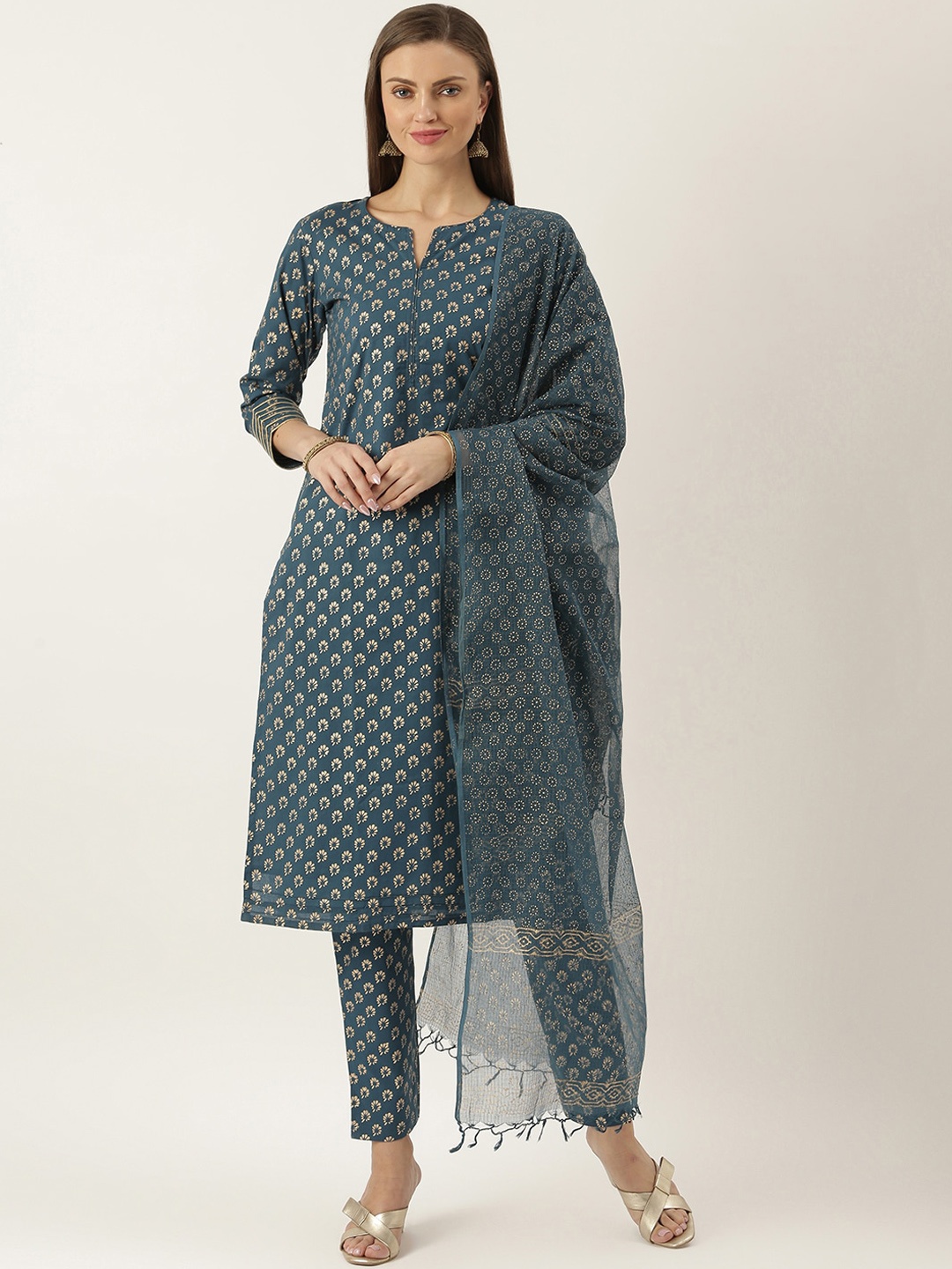 

Lavanya The Label Ethnic Motifs Printed Pure Cotton Kurta with Trousers & Dupatta, Teal