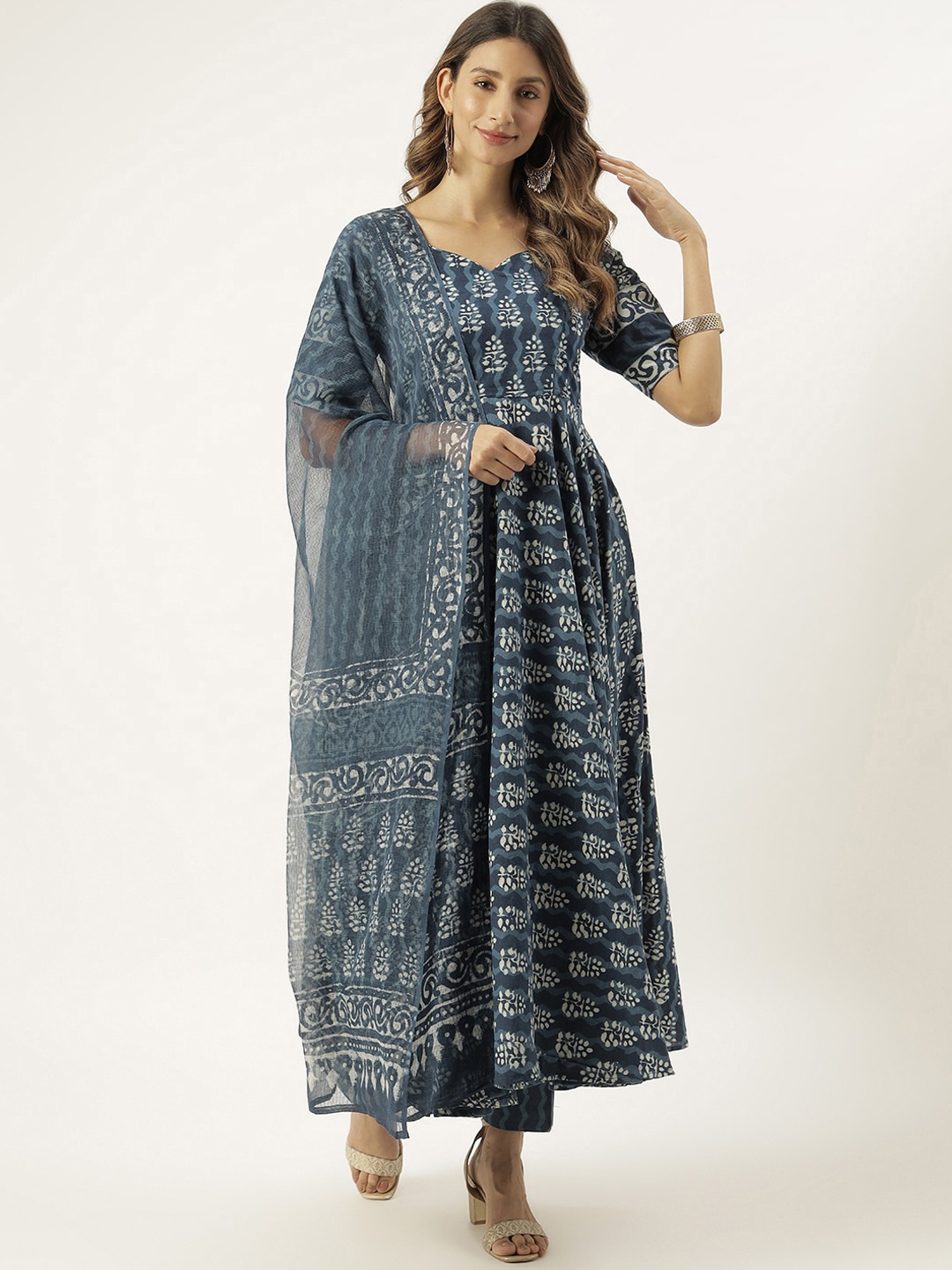 

Lavanya The Label Women Blue Ethnic Motifs Empire Pure Cotton Kurti with Trousers & With Dupatta