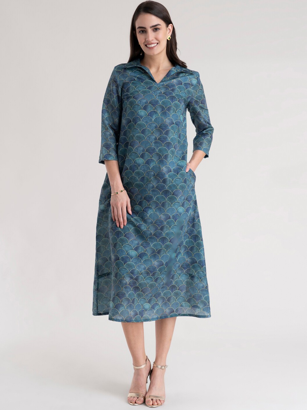 

FableStreet Green Formal Shirt Midi Dress