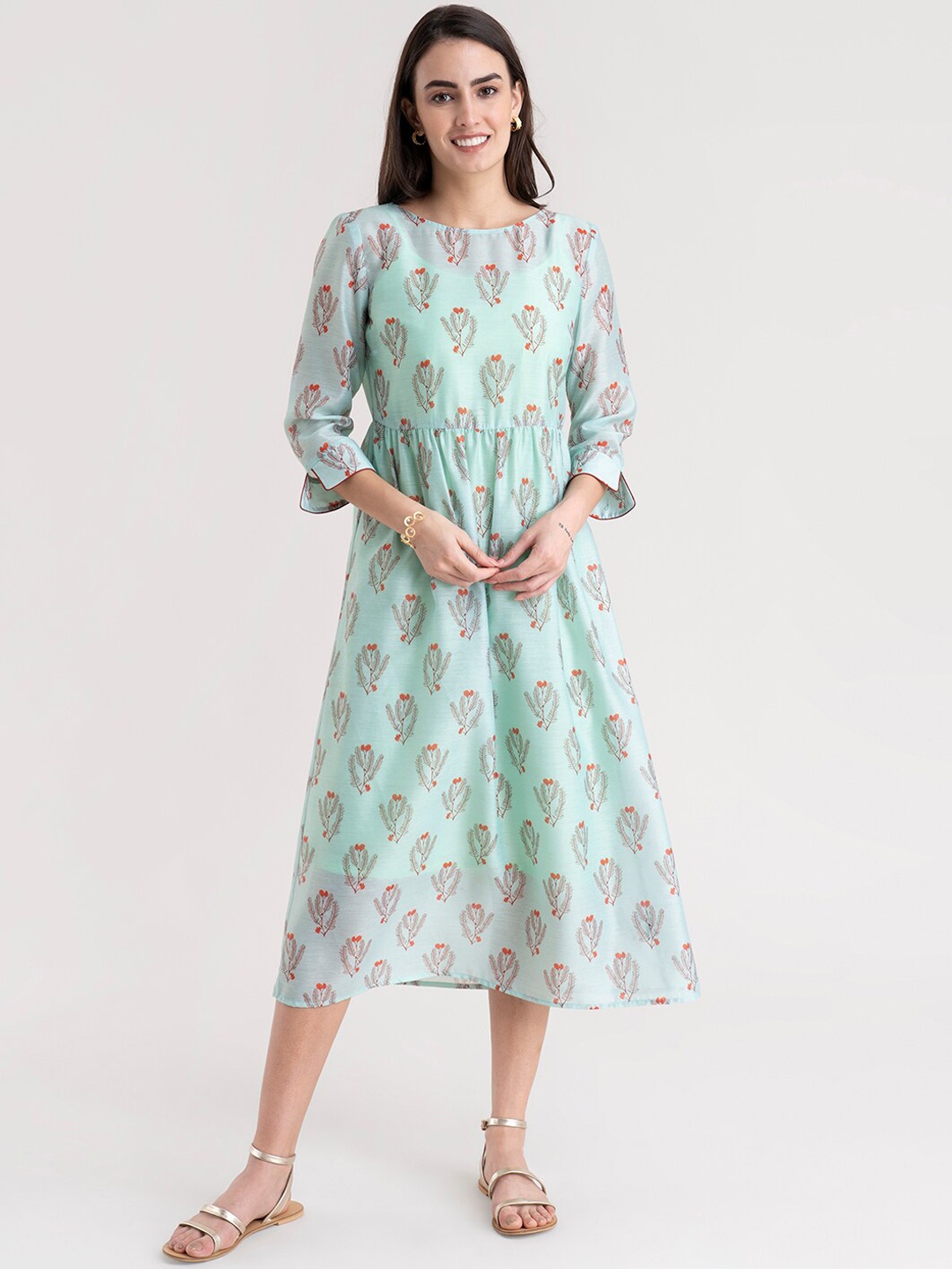 

FableStreet Green Ethnic Motifs Chanderi Midi Dress