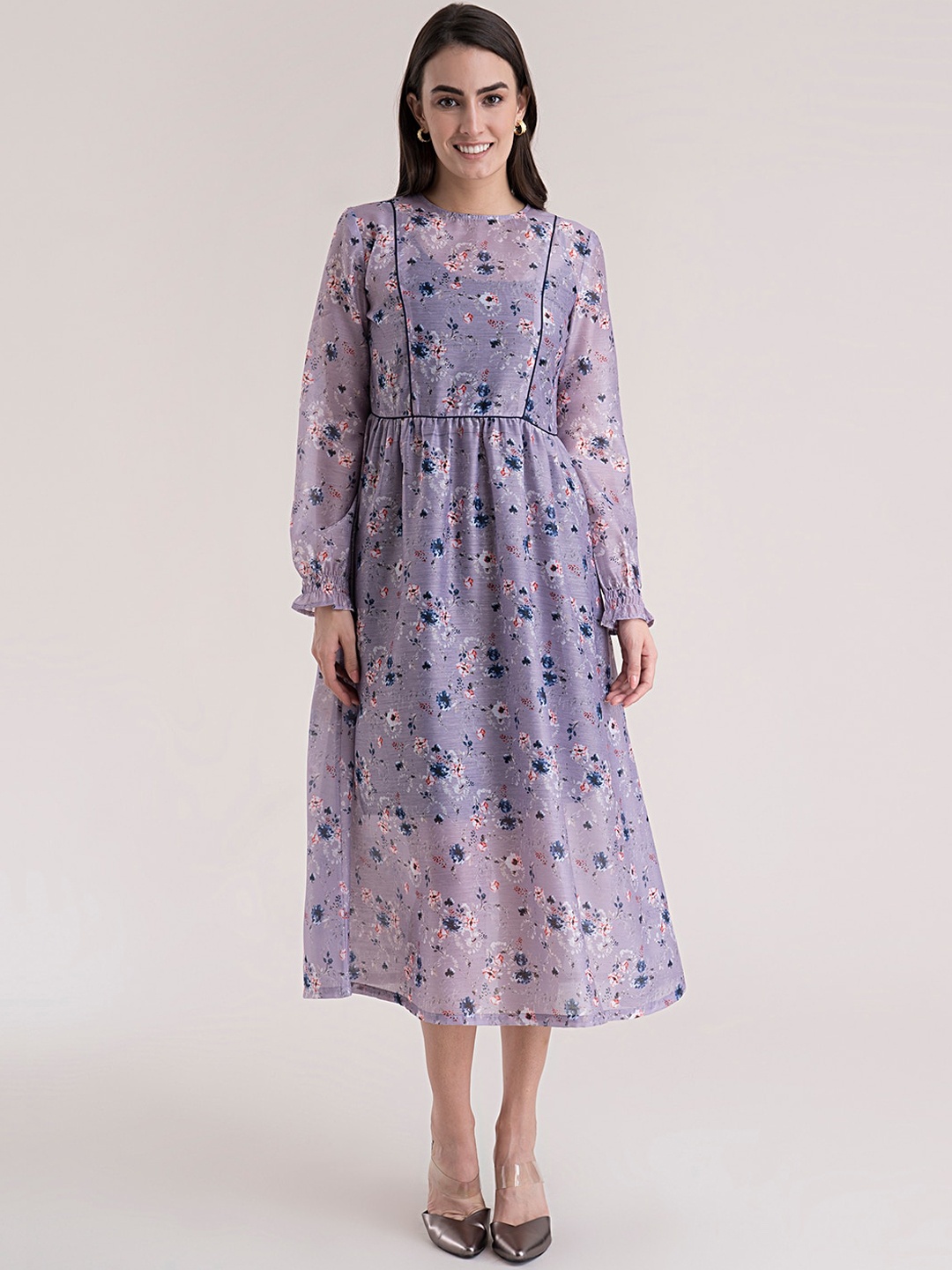 

FableStreet Women Purple & Blue Floral Chanderi Midi Dress