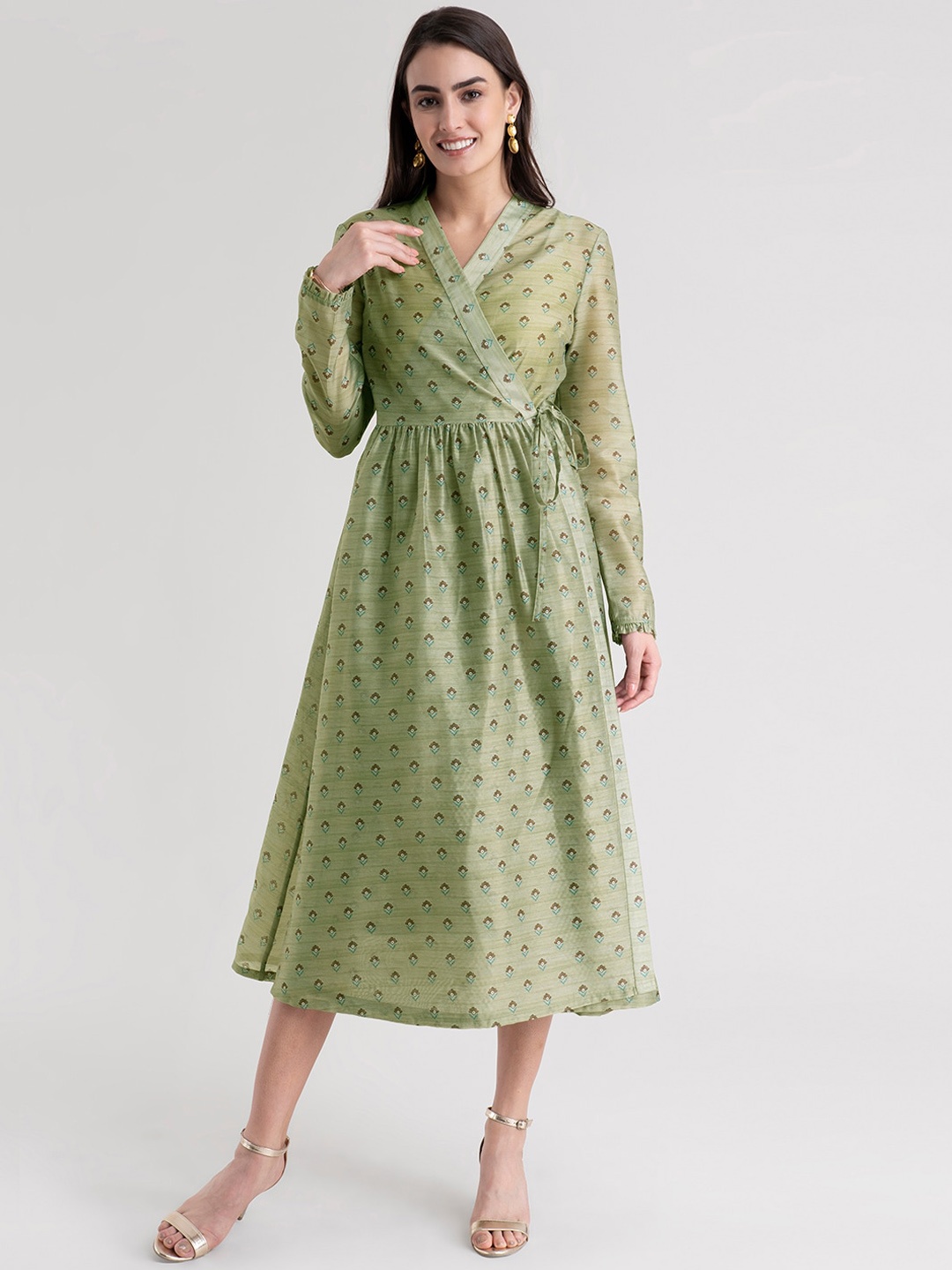 

FableStreet Green Floral Formal Angrakha Midi Dress