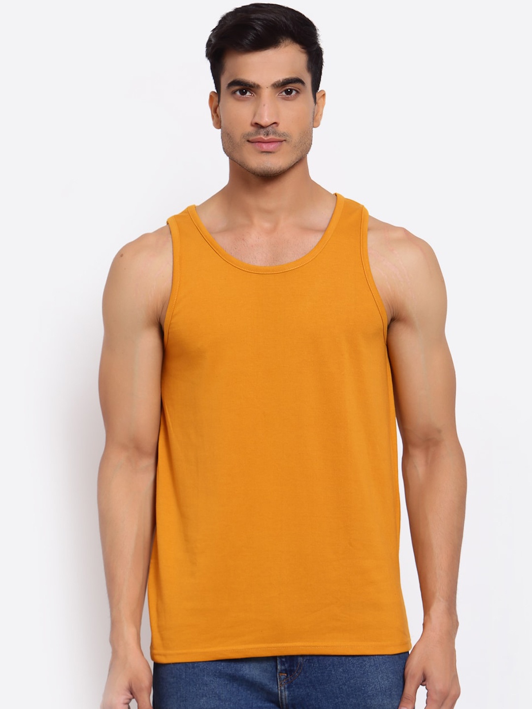 

FERANOID Men Mustard Yellow Solid Cotton Innerwear Vests