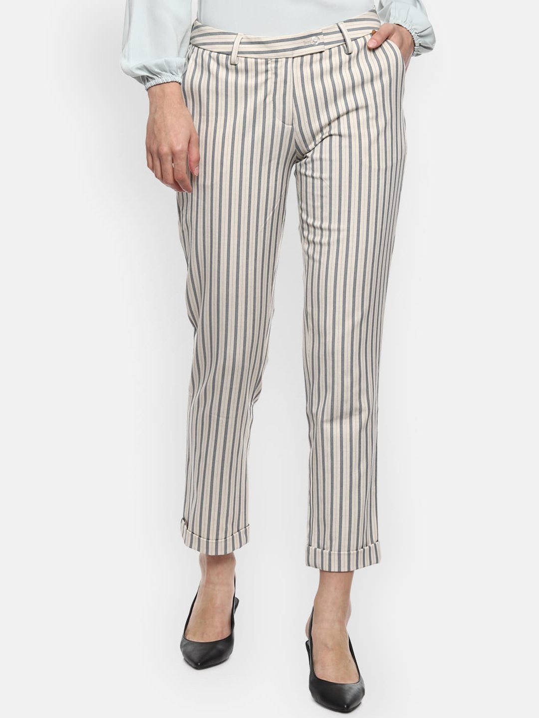 

Van Heusen Woman Women Cream-Coloured Striped Slim Fit Trousers