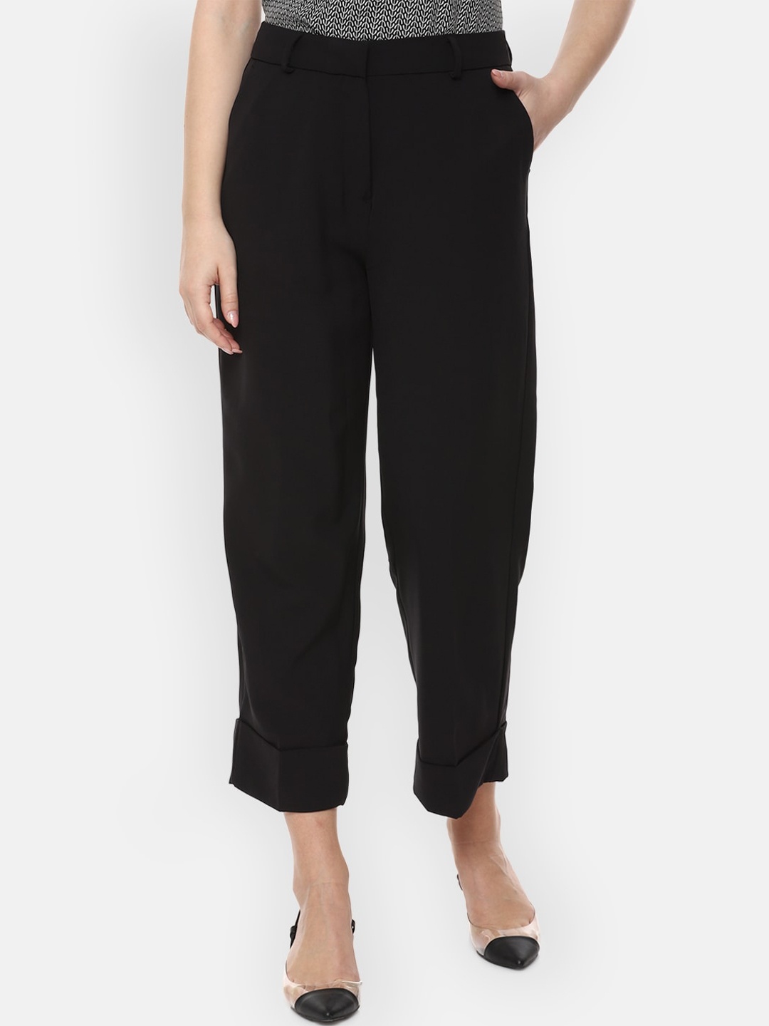 

Van Heusen Woman Women Black Solid Regular Cropped Trousers