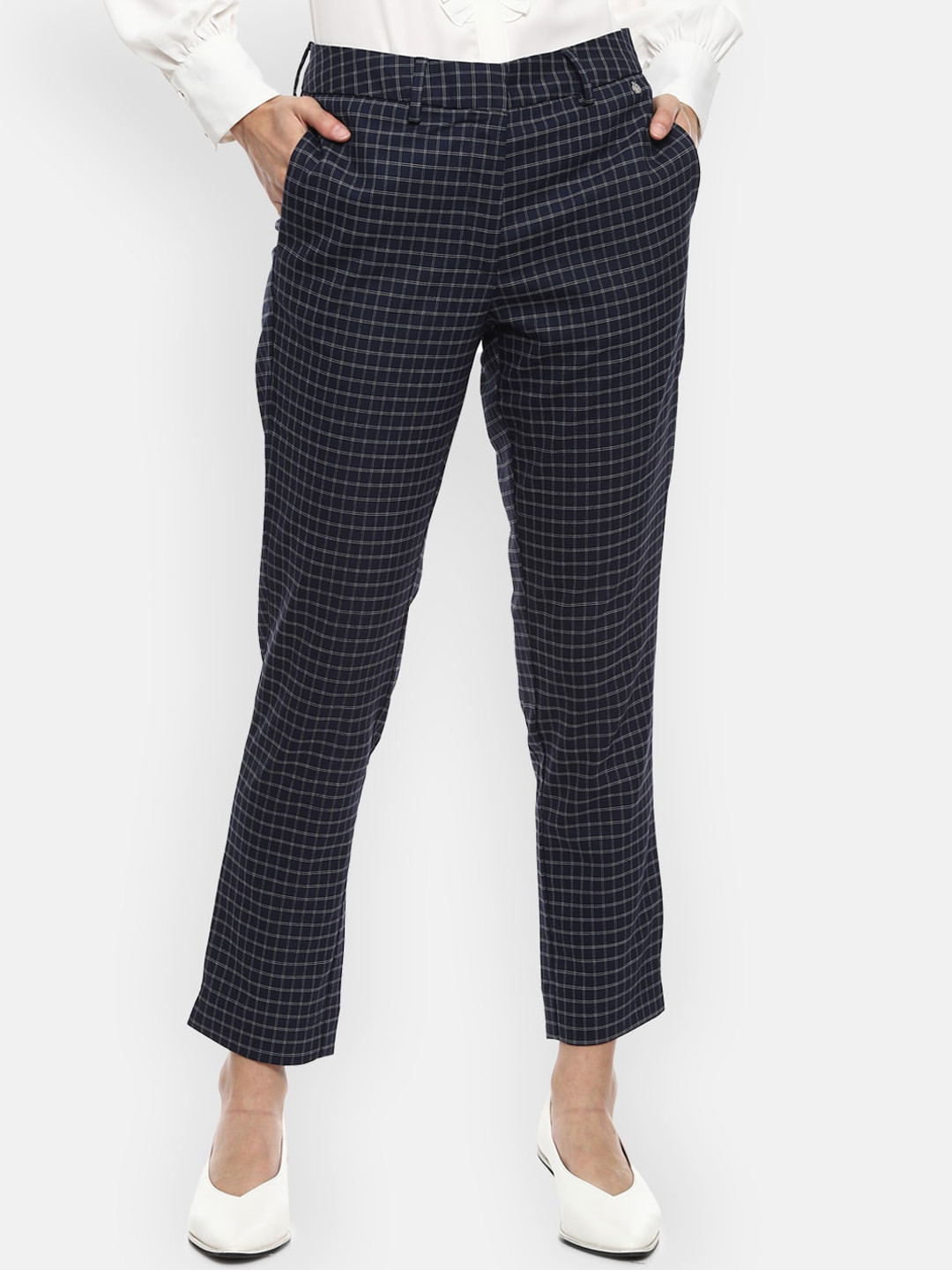 

Van Heusen Woman Women Navy Blue & White Slim Fit Trousers