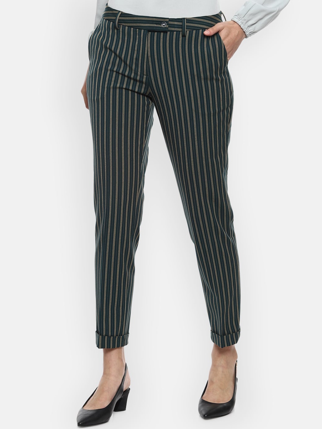 

Van Heusen Woman Women Green Striped Trousers