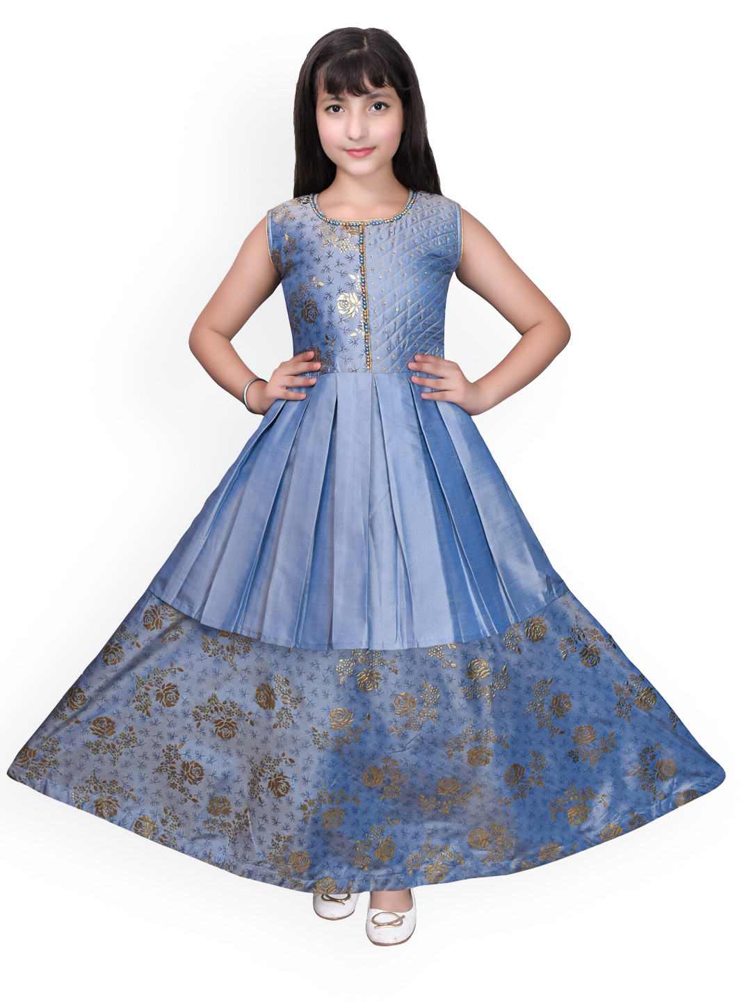 

SKY HEIGHTS Girls Blue Floral Layered Satin Maxi Dress