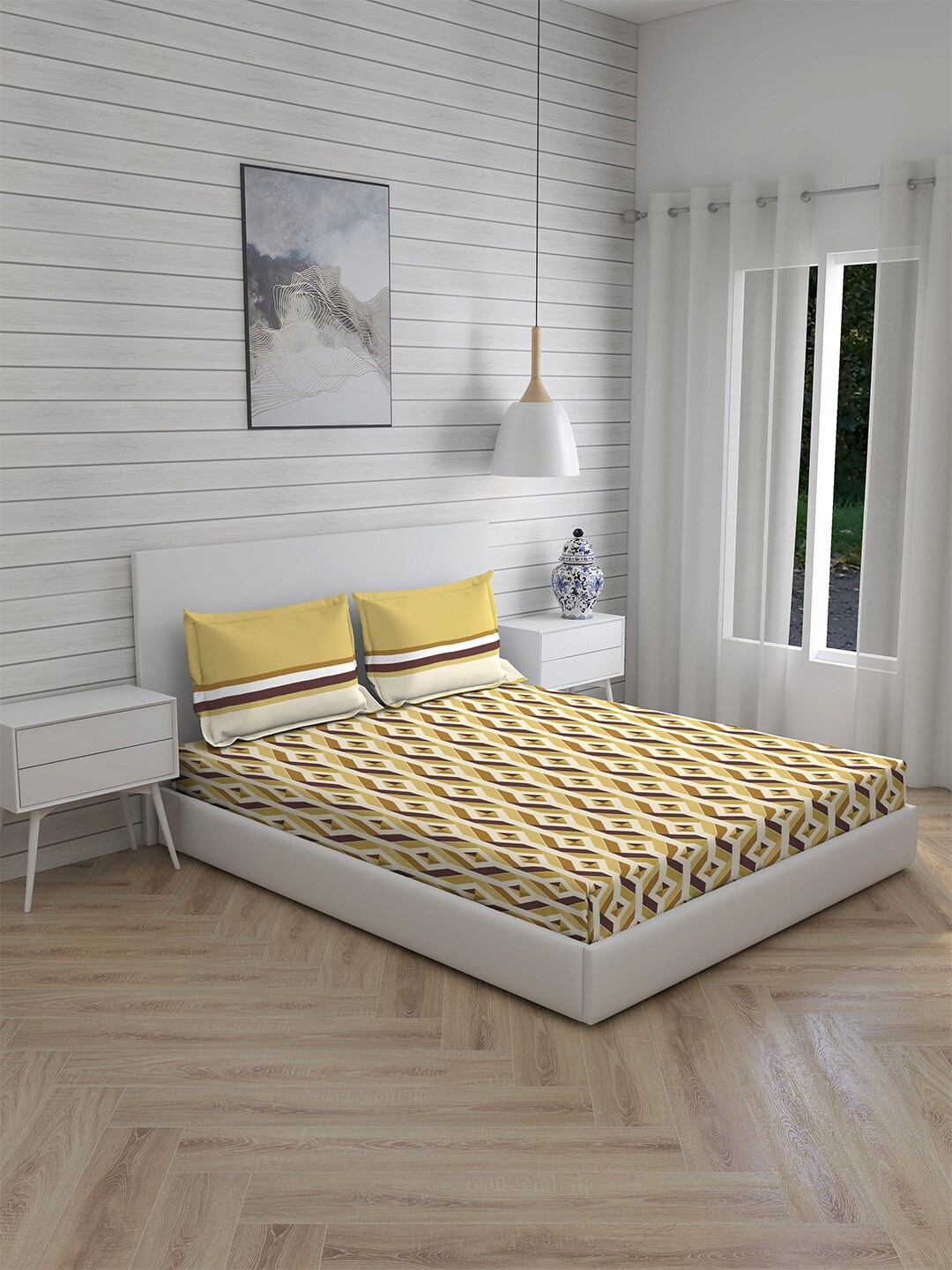 

Layers Beige & Brown Geometric 104 TC Pure Cotton Trevi Queen Bedsheet & 2 Pillow Covers