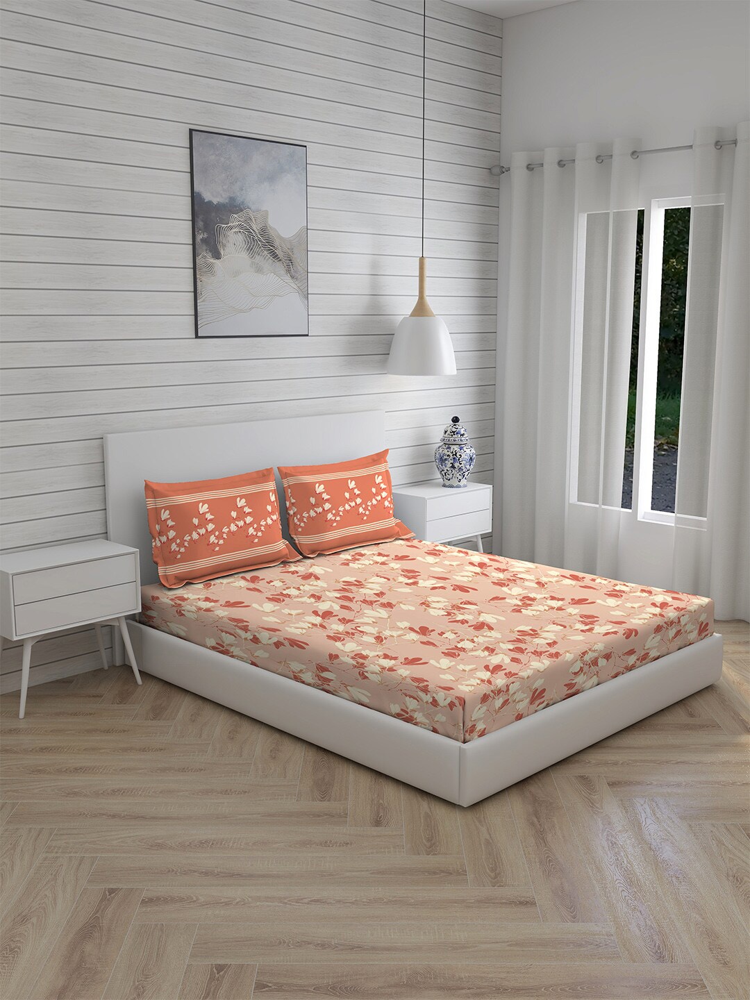 

Layers Orange & Beige Floral 104 TC Pure Cotton Queen Bedsheet with 2 Pillow Covers