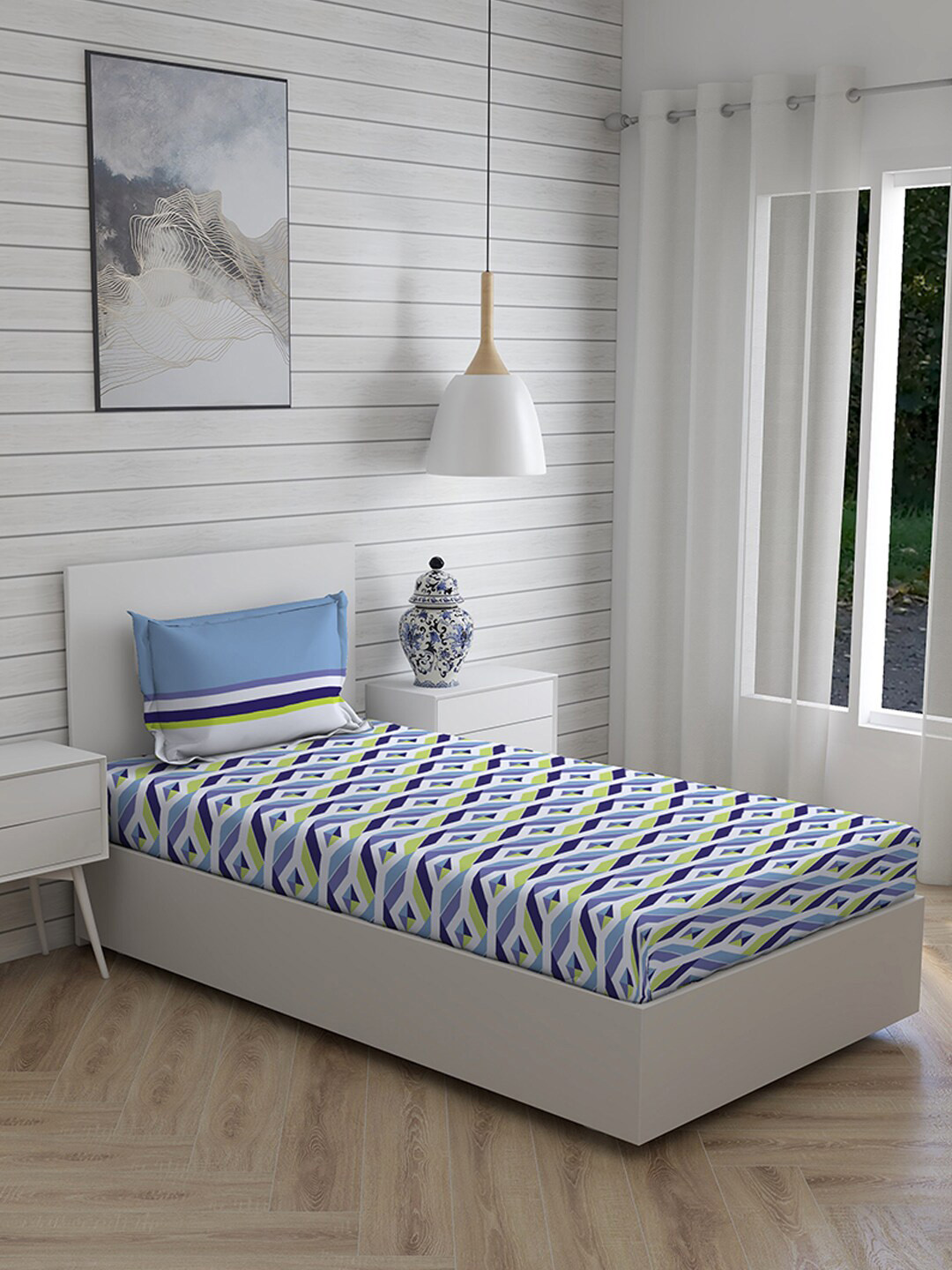 

Layers Blue & White Geometric 104 TC Pure Cotton Single Bedsheet with 1 Pillow Cover