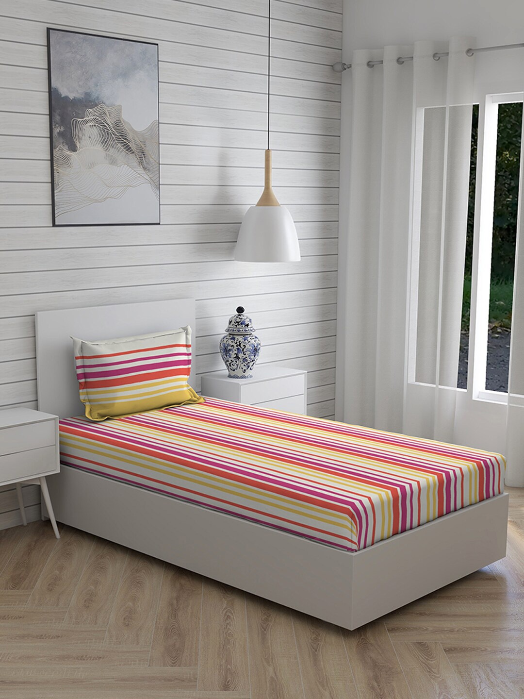 

Layers Pink & White Striped 104 TC Pure Cotton Trevi Single Bedsheet with 1 Pillow Covers