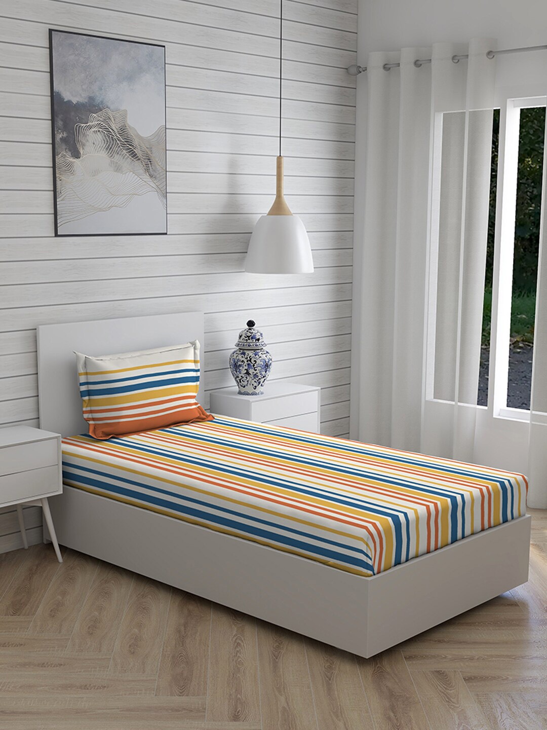 

Layers Orange & Blue Striped 104 TC Pure Cotton Trevi Single Bedsheet with 1 Pillow Covers