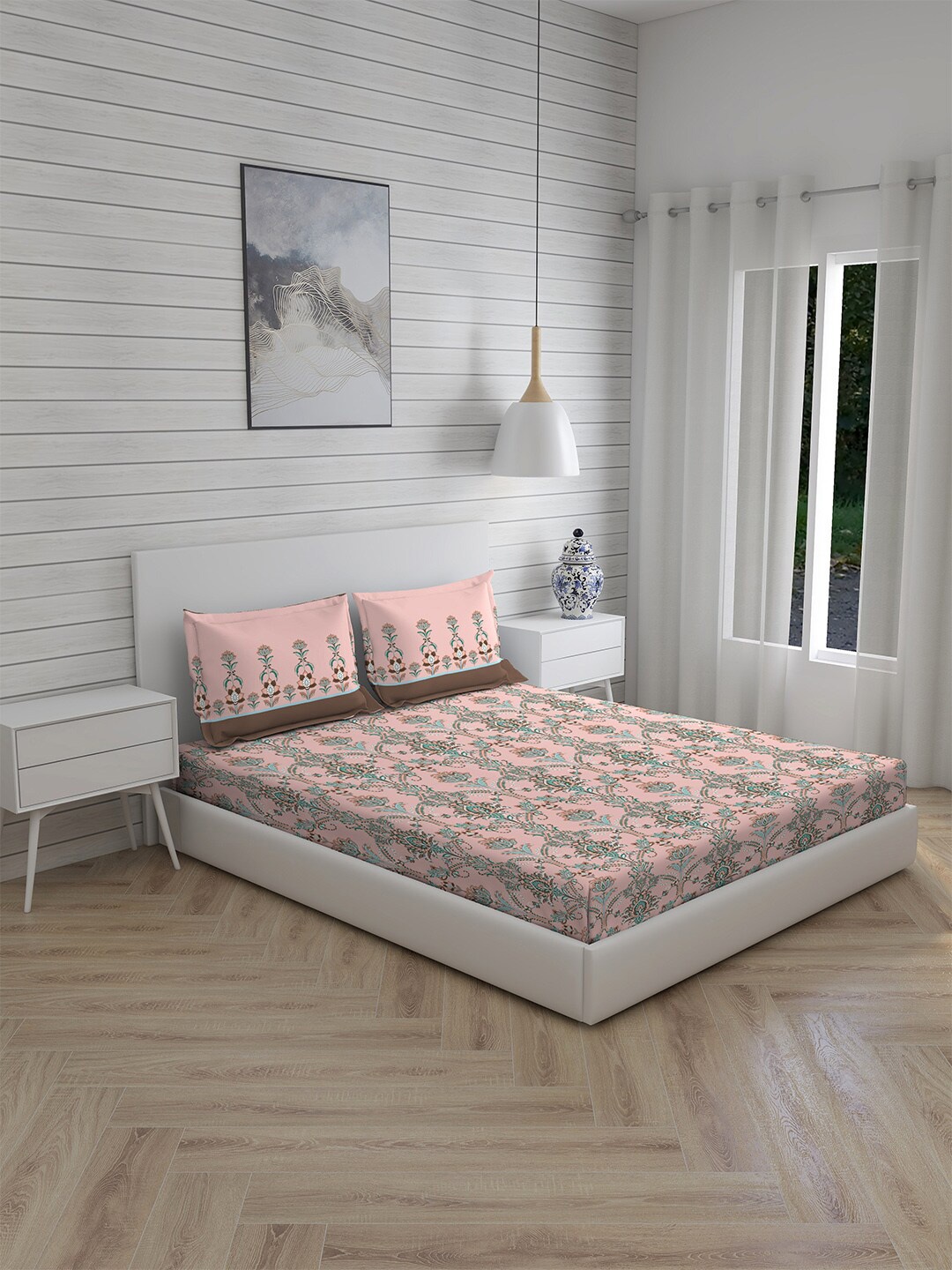 

Layers Pink & Green Floral 104 TC Pure Cotton Queen Bedsheet with 2 Pillow Covers