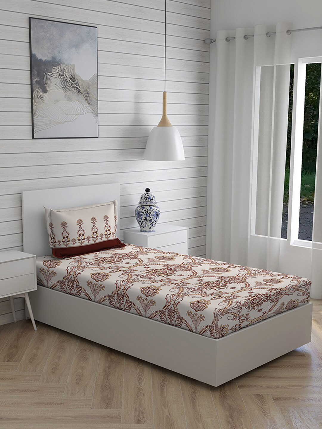 

Layers Maroon & Grey Floral 104 TC Pure Cotton Trevi Single Bedsheet with 1 Pillow Covers