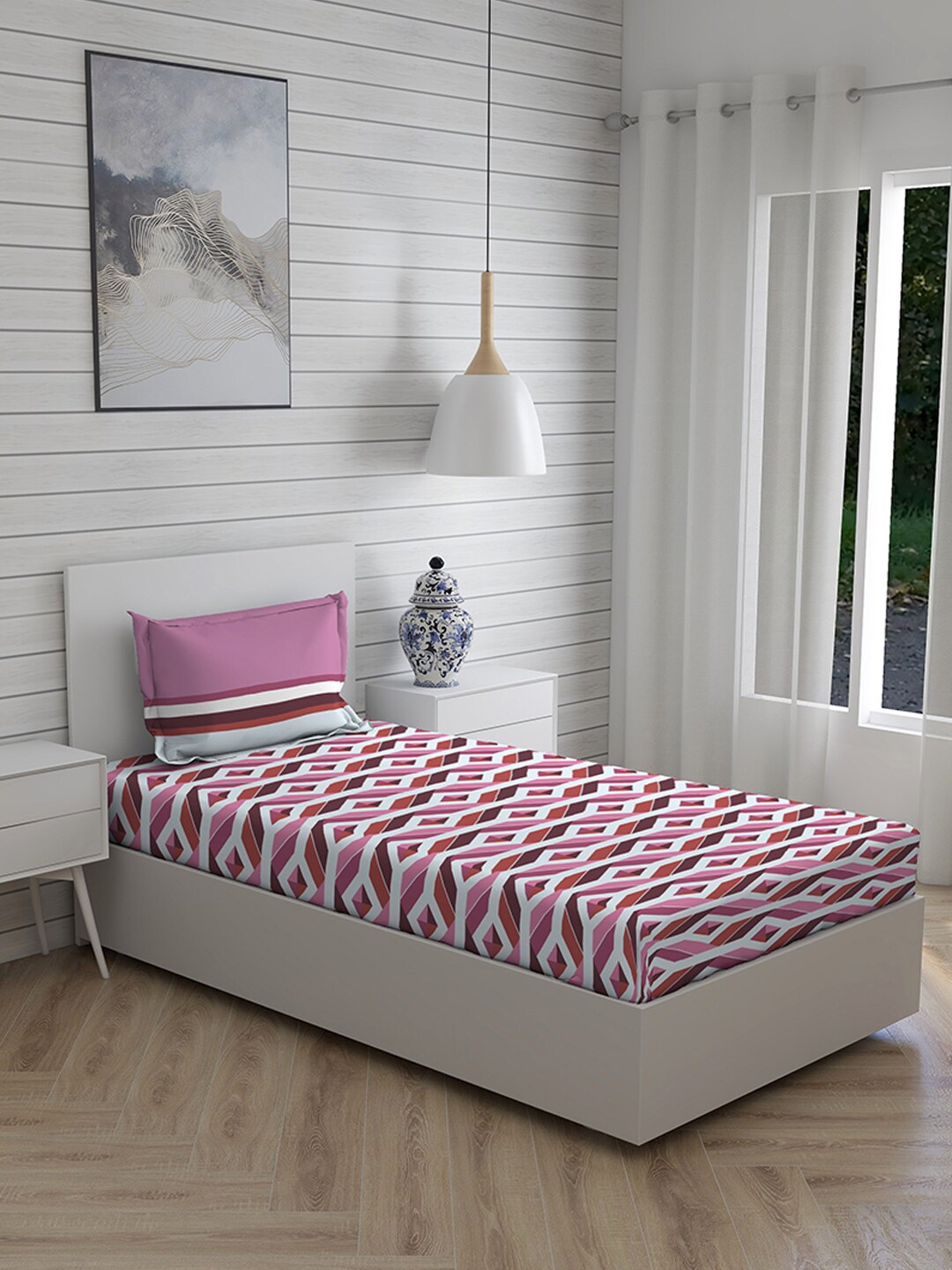 

Layers Purple & White Geometric 104 TC Single Bedsheet with 1 Pillow Covers