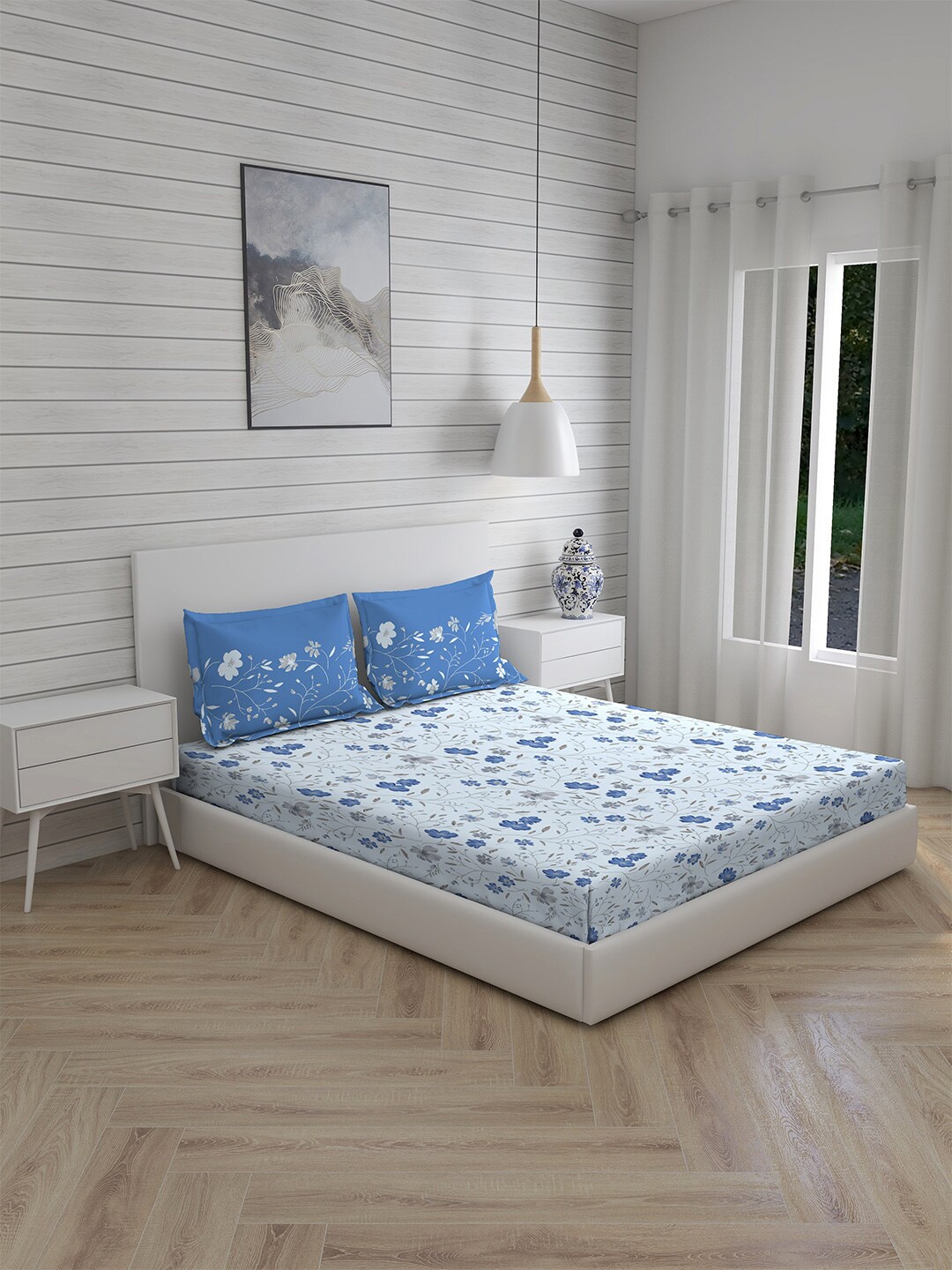 

Layers Blue & Grey Floral 104 TC Pure Cotton Trevi Queen Bedsheet with 2 Pillow Covers