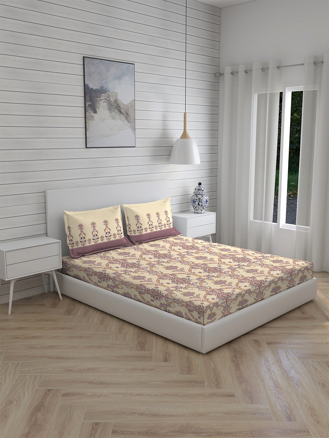 

Layers Beige & Mauve Floral 104 TC Queen Bedsheet with 2 Pillow Covers
