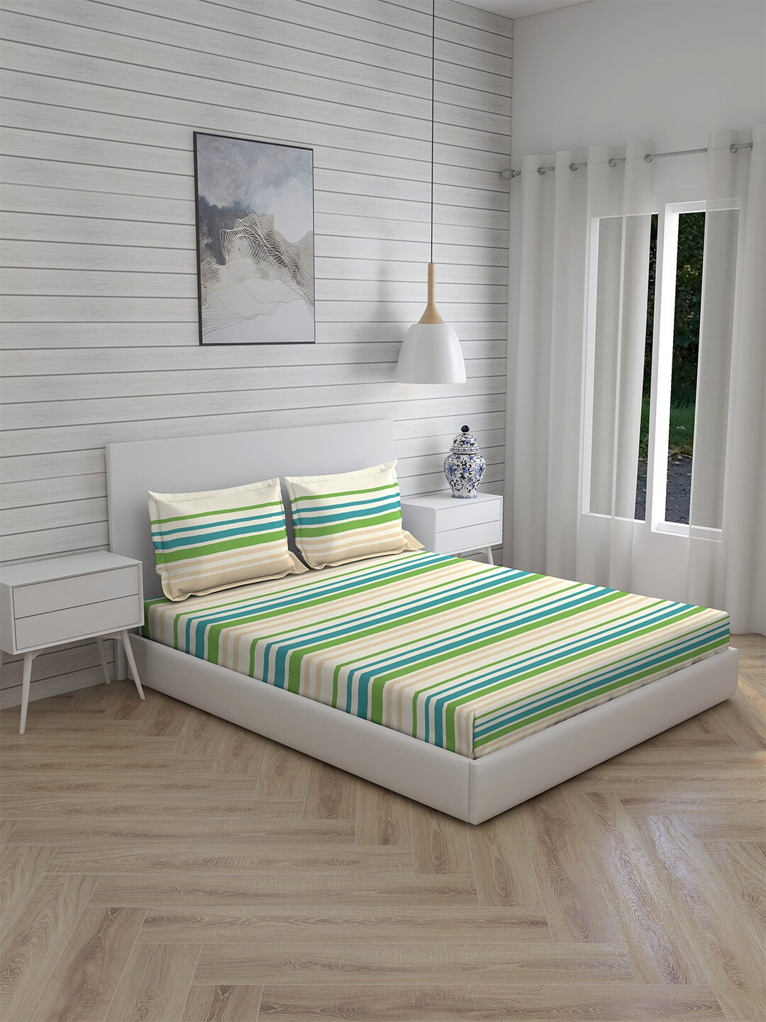 

Layers Green & White Striped 104 TC Queen Bedsheet with 2 Pillow Covers